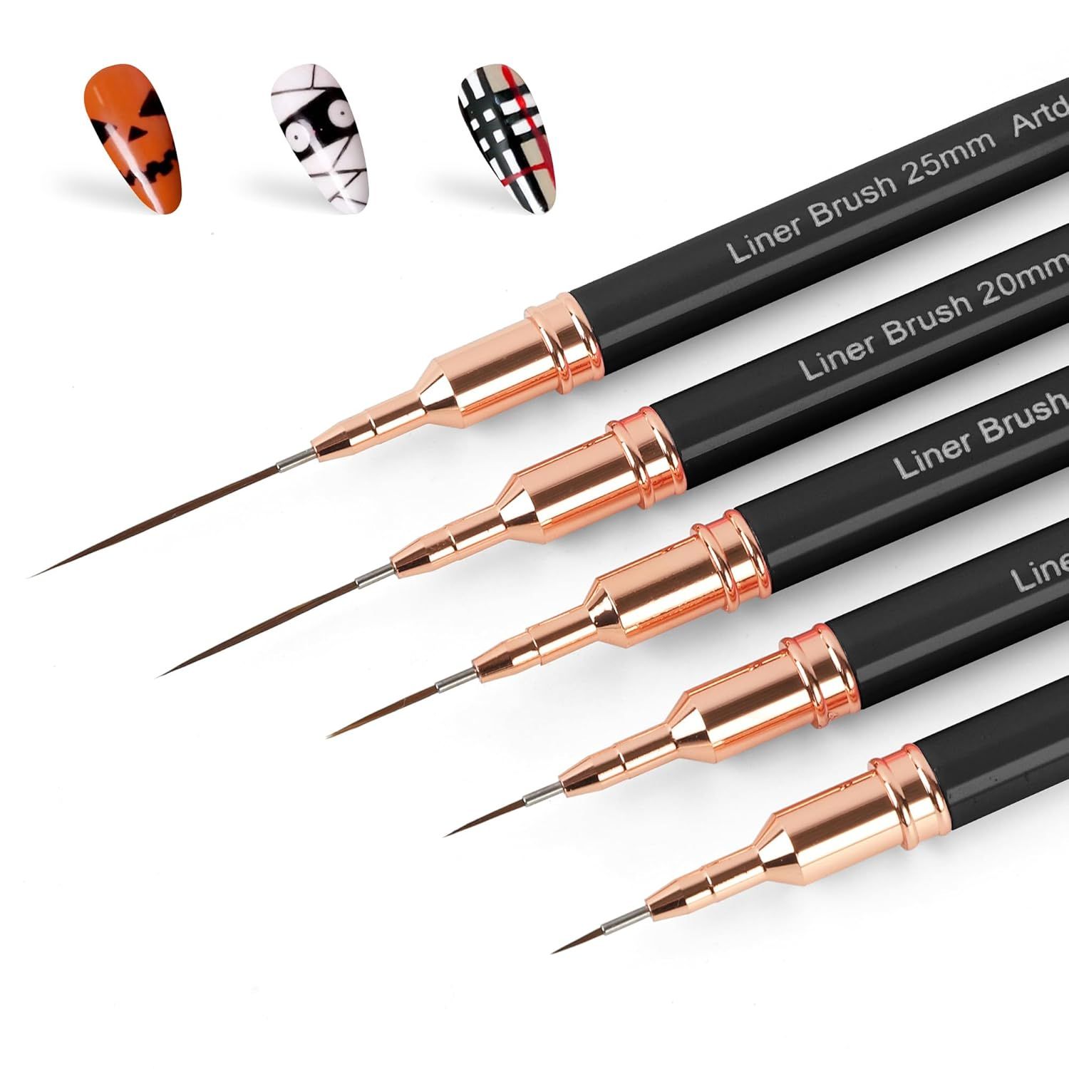 Displays the core product—a set of fine-tipped nail art liner brushes with rose gold ferrules—to show shoppers exactly what they will receive, emphasizing the professional quality and variety of…