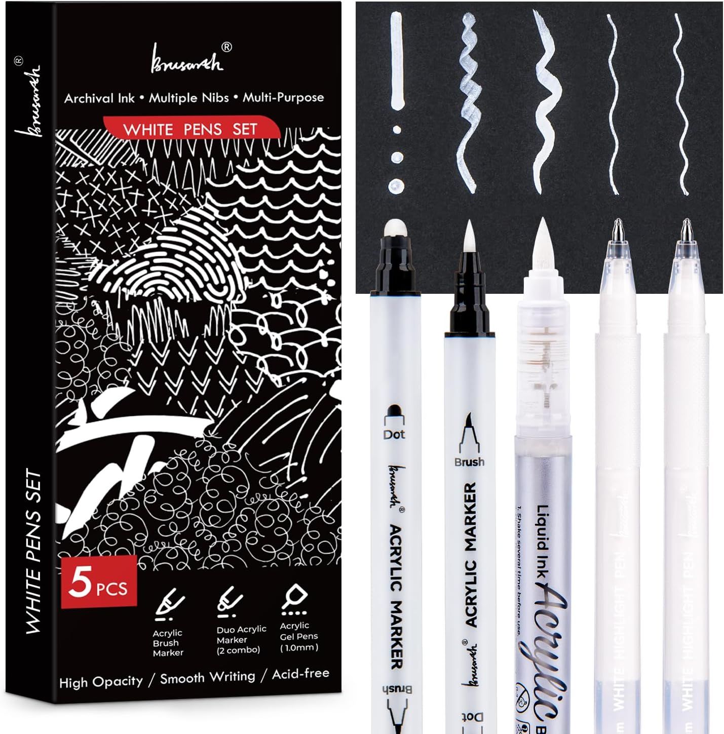 Displays the white pens set with its packaging and the individual pens with different nib types to show the variety and versatility of the product for artists and crafters. Shows the retail…