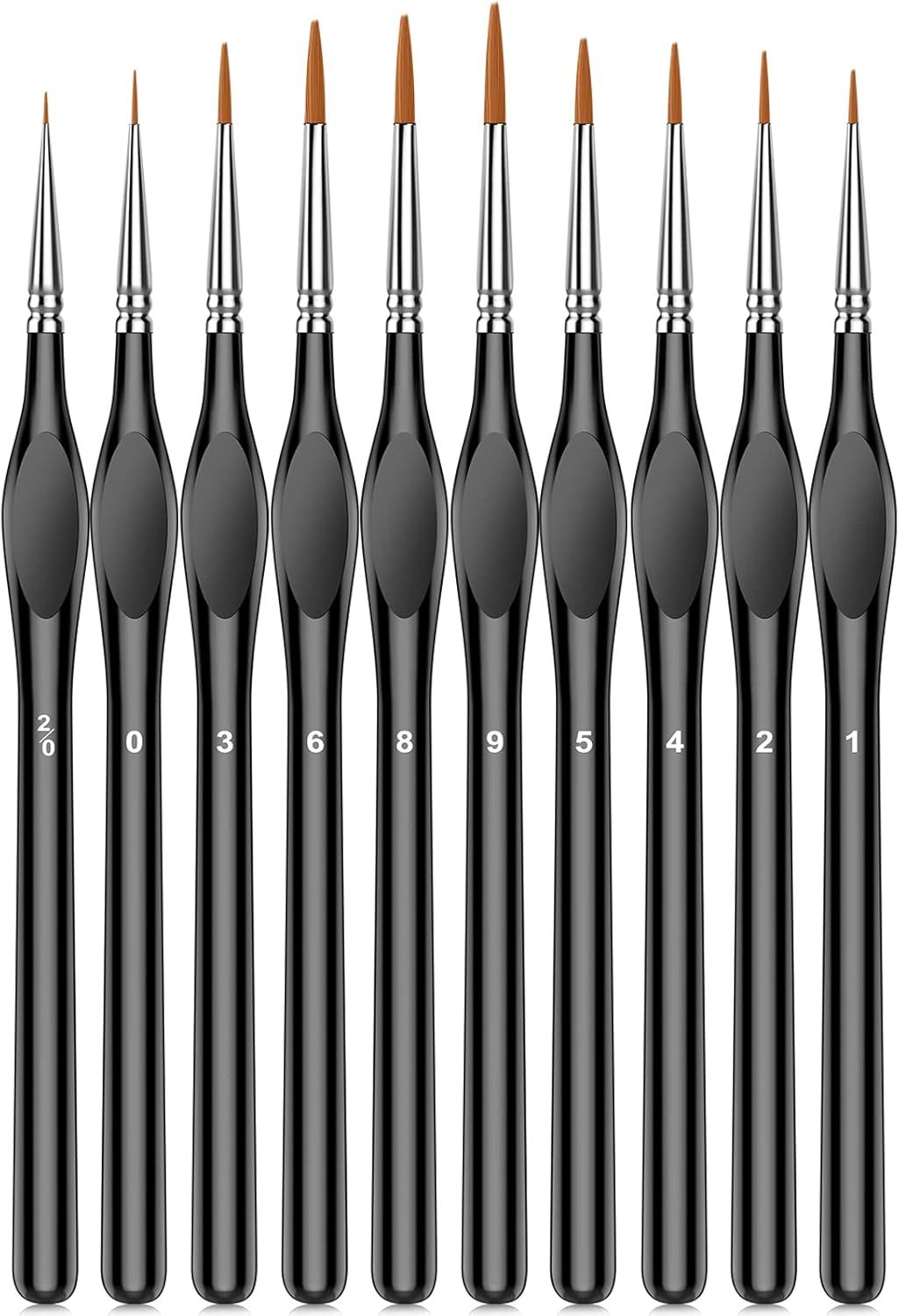 Displays a complete set of detail brushes in graduated sizes to show the buyer the full range of precision tools included for fine art or craft work. Shows all included brush sizes numbered for easy…