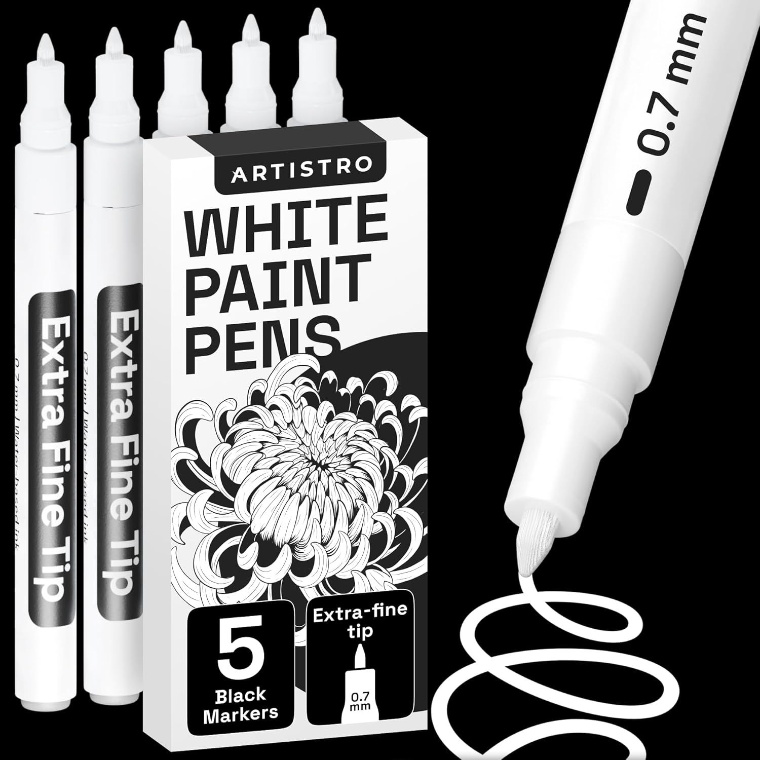 Displays the white paint pens product clearly with packaging and individual pens to show what the customer will receive, emphasizing the extra-fine 0.7mm tip for detailed work. Uses a dramatic black…