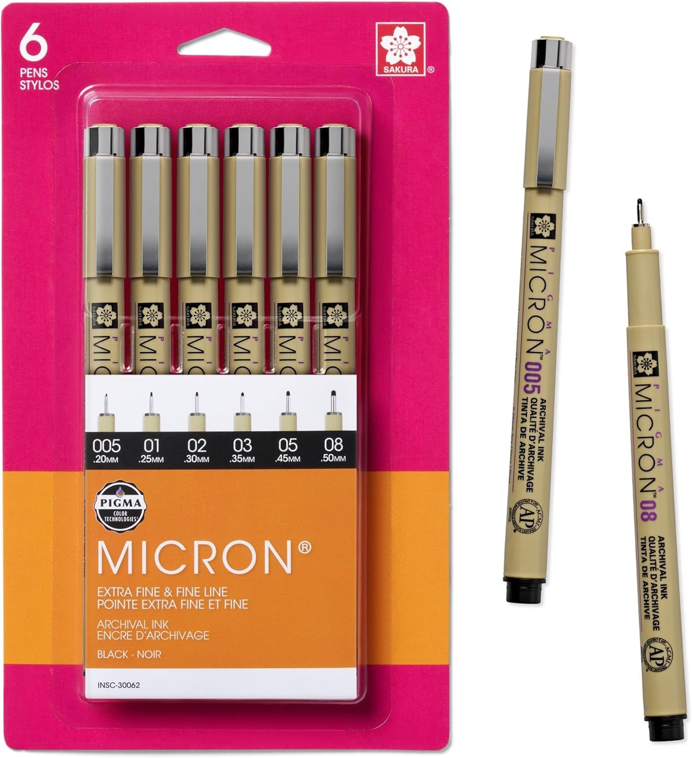 Displays the core product—a 6-pack of Micron archival ink pens—clearly showing the packaging and individual pens with tip size variations to inform shoppers of what they will receive. Shows the…