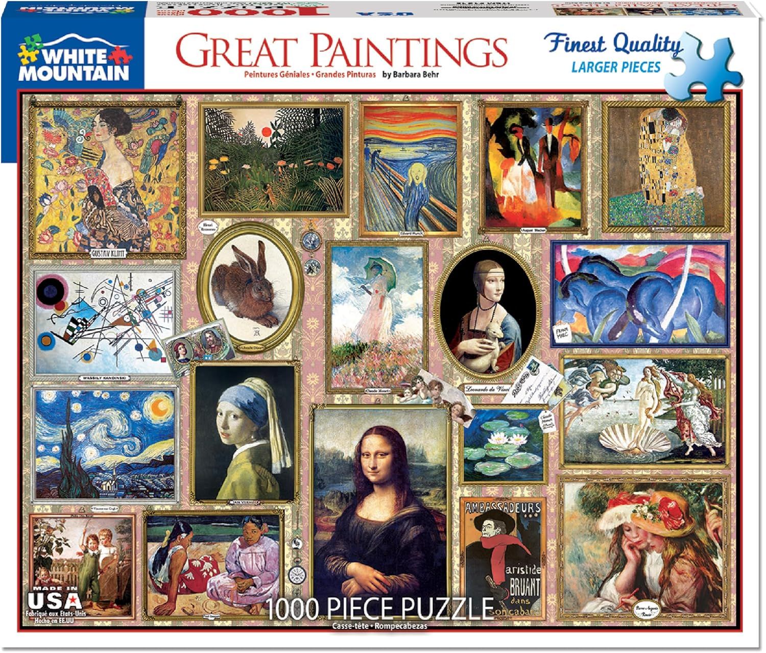 Shows the core product, a 1000-piece jigsaw puzzle featuring a collage of famous paintings, to communicate the theme and piece count to potential buyers.