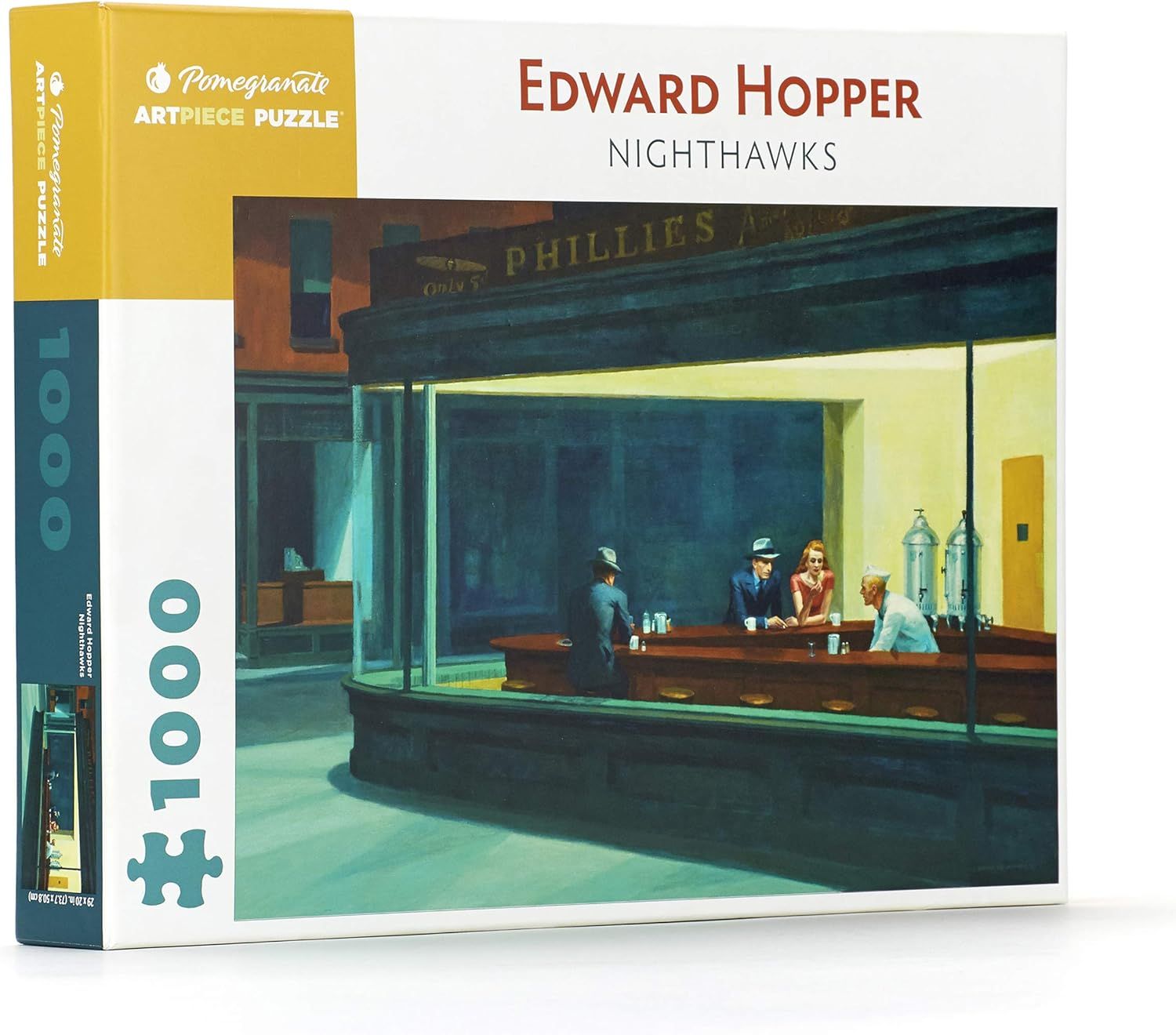 Shows the core sellable product—a 1000-piece art puzzle featuring Edward Hopper's Nighthawks painting—clearly displaying both the box and the puzzle image to communicate what the buyer will receive.…