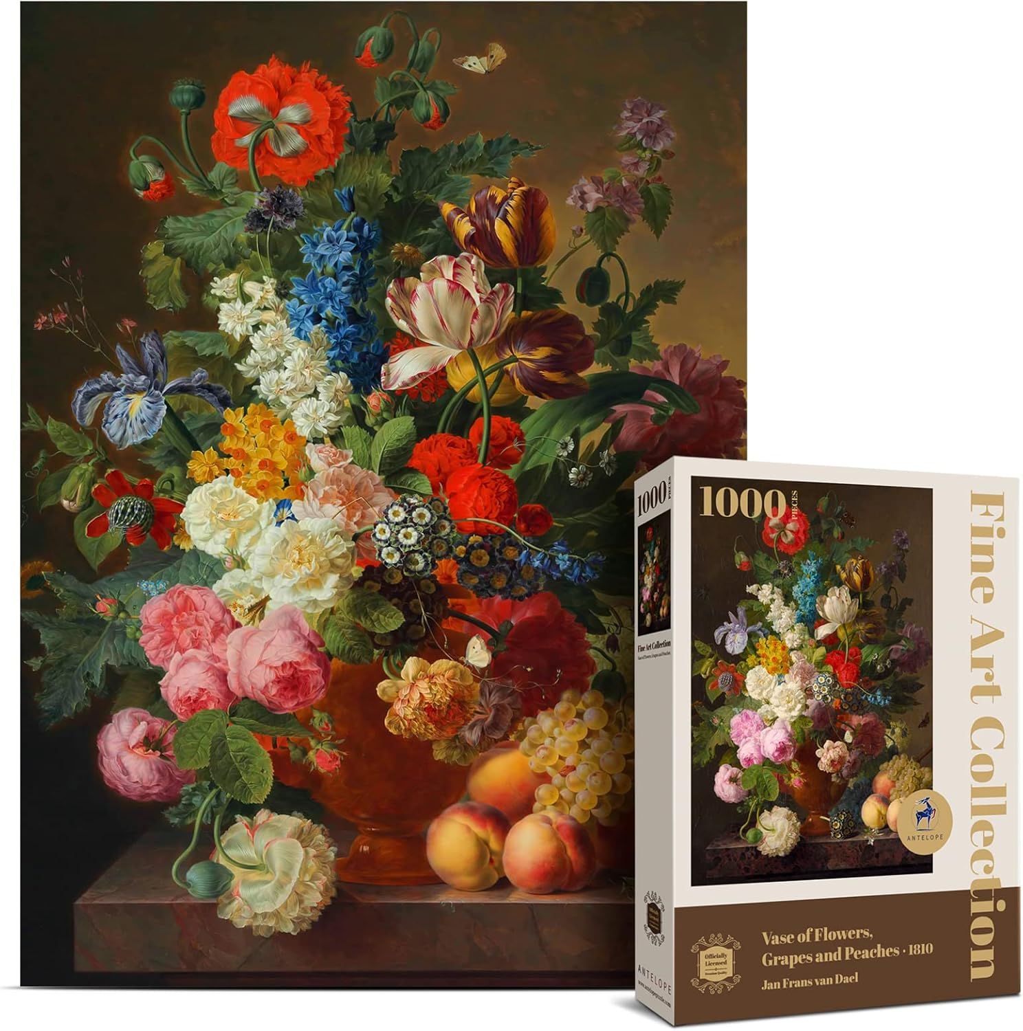 Displays the core product, a 1000-piece jigsaw puzzle featuring a classical floral still life painting, showing both the completed puzzle image and the retail packaging to communicate what the buyer…