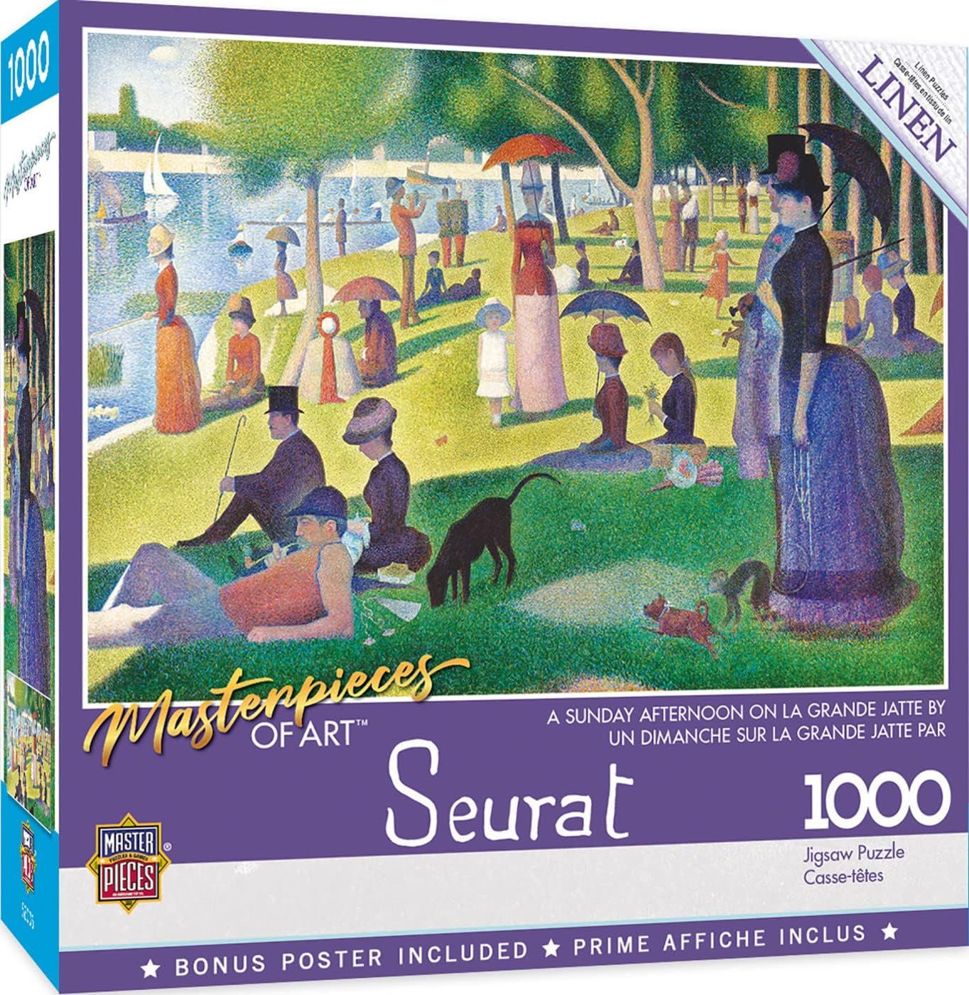 Shows the core product—a jigsaw puzzle box featuring the famous Seurat painting—so shoppers can see exactly what they are purchasing, including the artwork image, piece count, and brand. Displays…