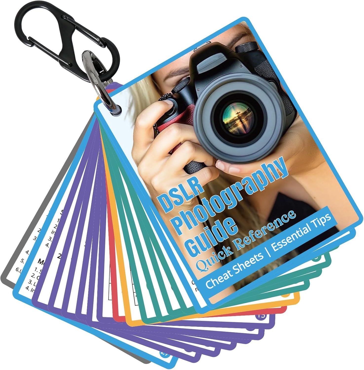 Shows the core product—a set of laminated DSLR photography reference cards with carabiner clip—to communicate what the buyer will receive. Highlights that a carabiner clip accessory is included with…