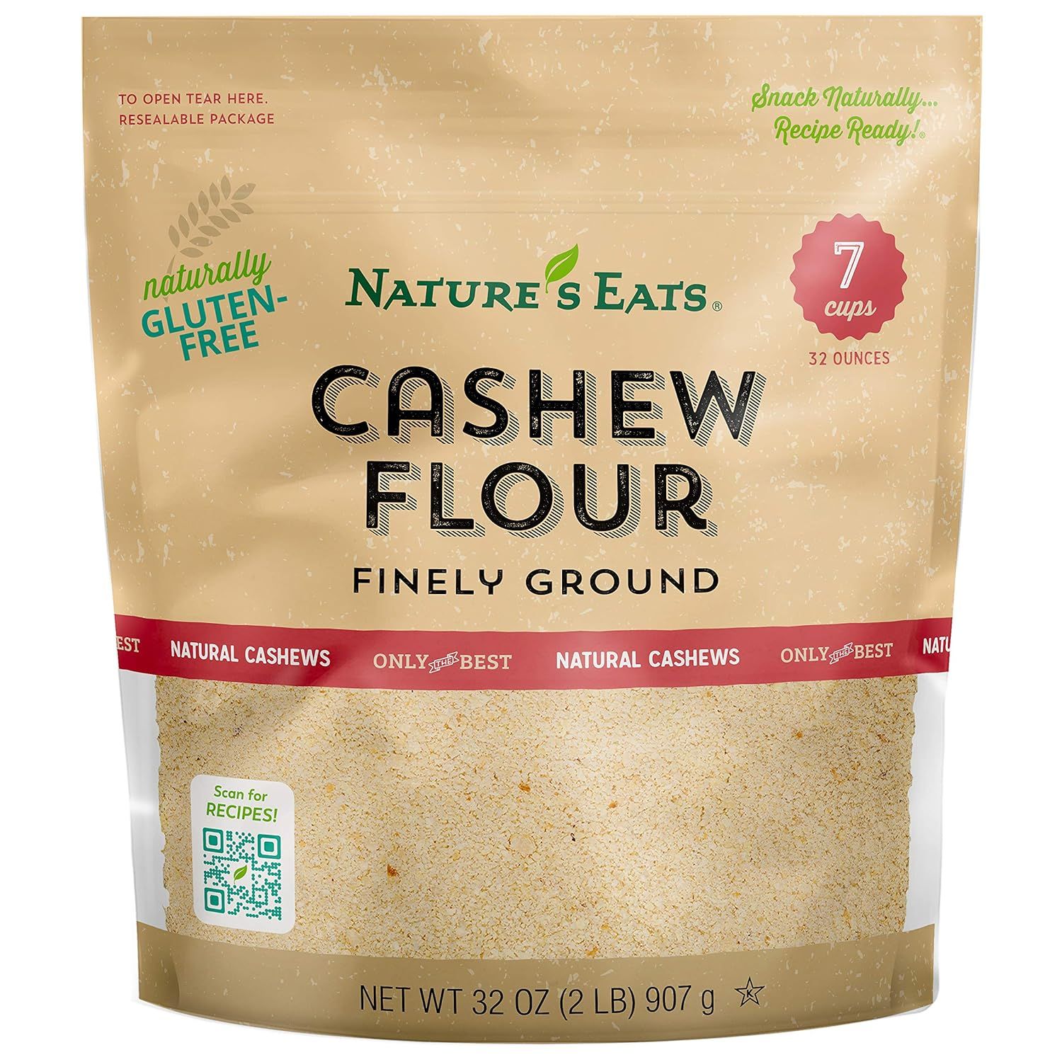 Displays the core product—a resealable pouch of cashew flour—clearly showing the brand, product name, quantity, and key attributes like gluten-free and recipe-ready to inform the shopper about what…