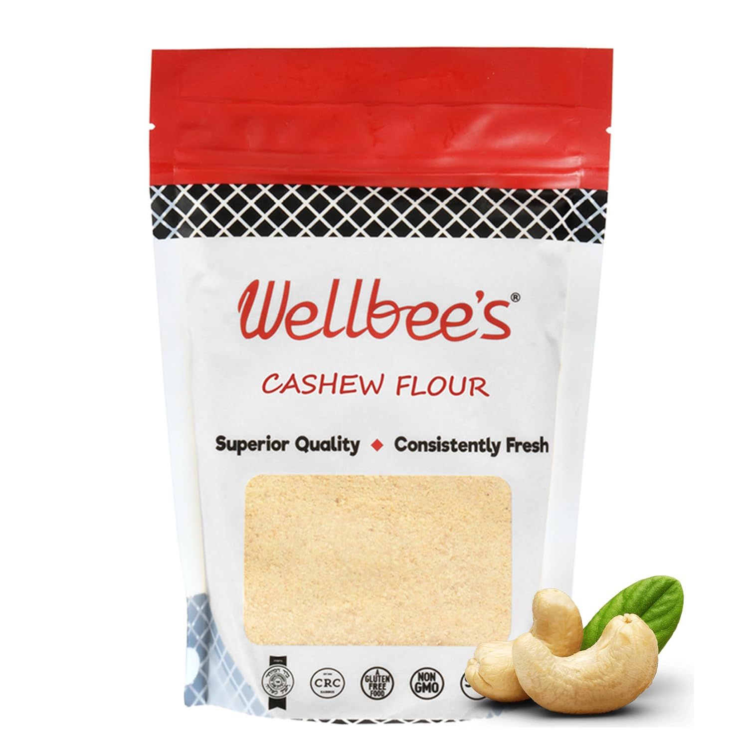Displays the core product in its retail packaging with a clear window showing the cashew flour inside, communicating the product identity and quality to shoppers. Shows the physical retail packaging…