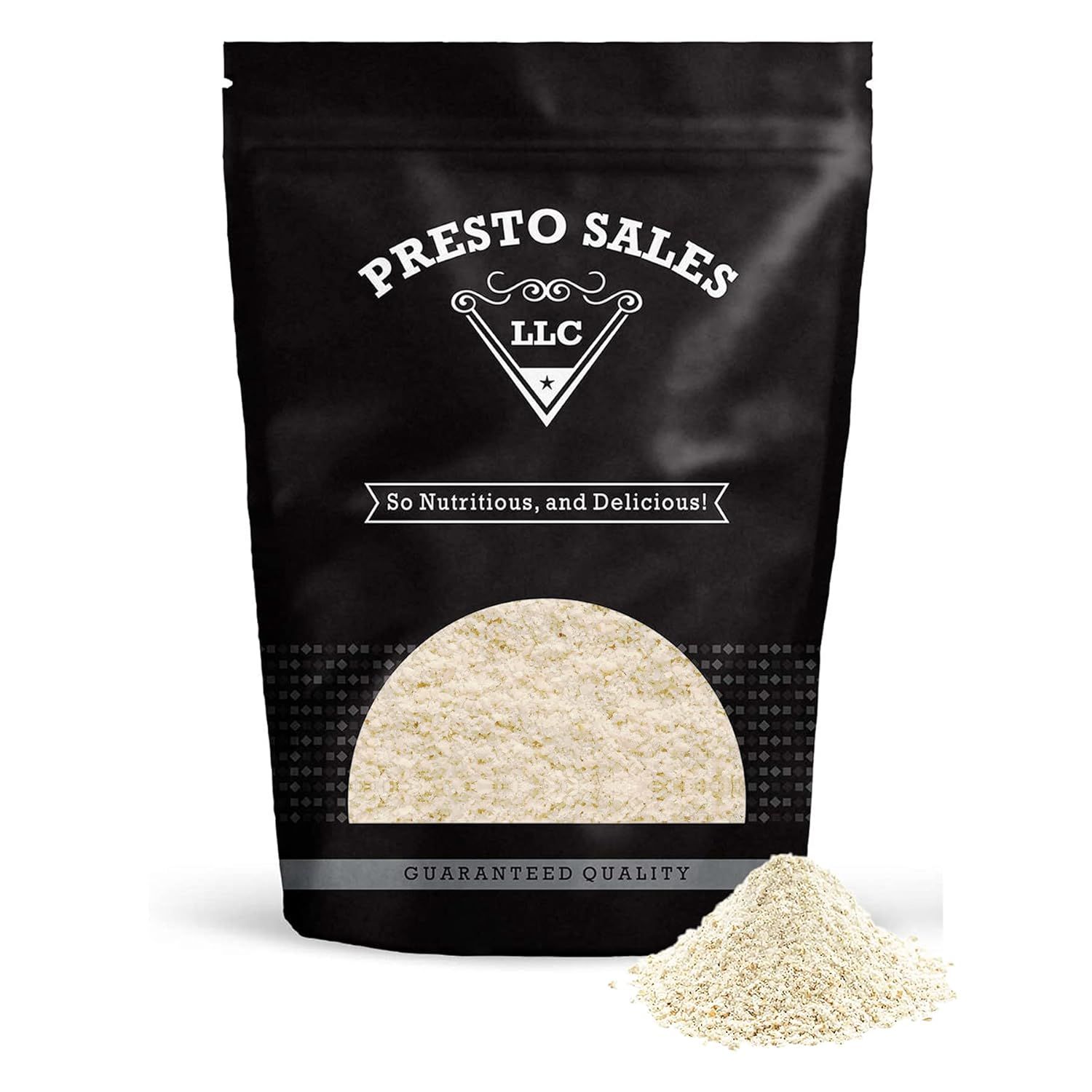 Shows the core sellable product—a resealable pouch of powder/flour—with clear branding and a window to view the product contents, reassuring shoppers of quality and freshness. Displays the actual…