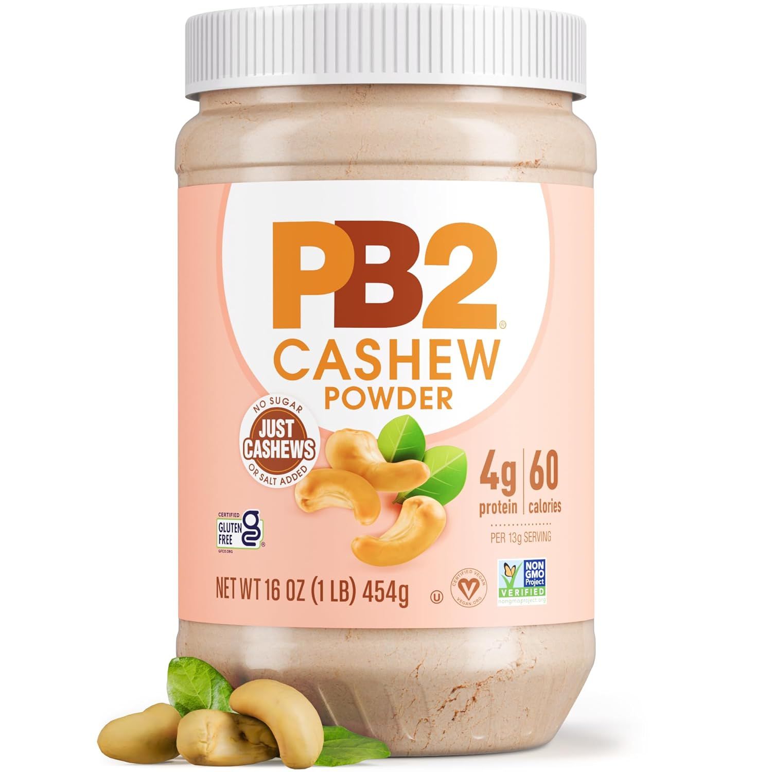 Displays the core product clearly with its jar and label to communicate the brand, flavor, and key nutritional benefits like 4g protein and 60 calories per serving. Adds visual appeal with cashew…