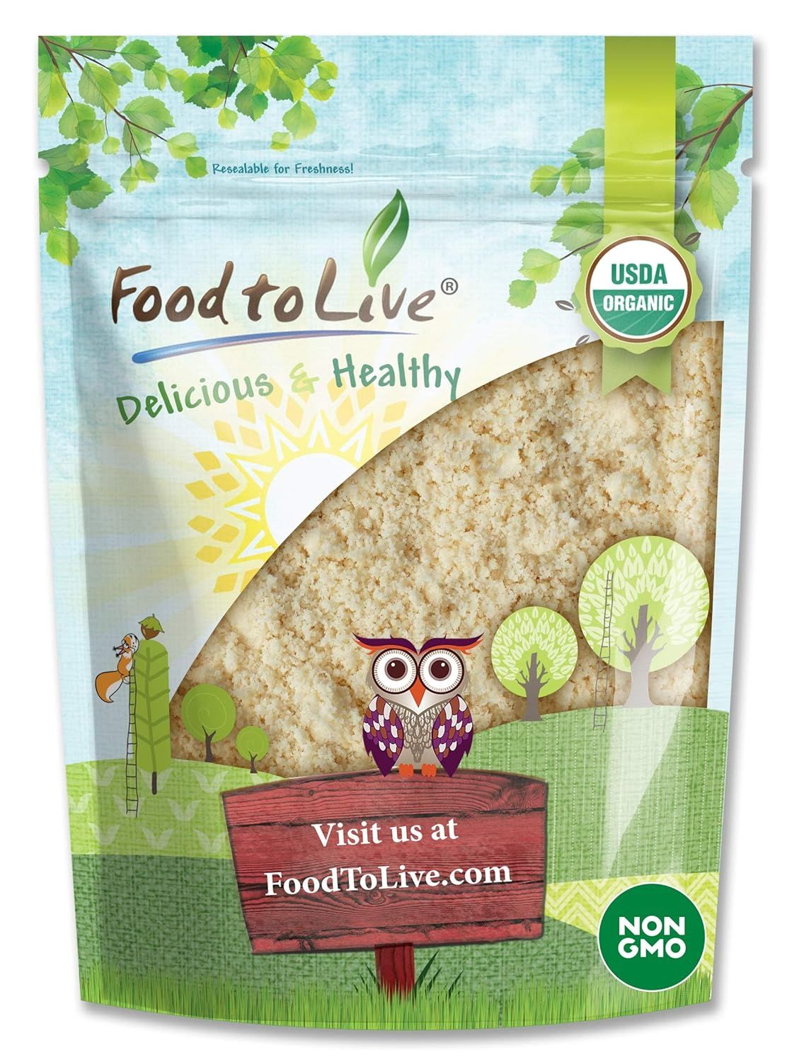 Shows the core sellable product (organic grain/flour) clearly visible through the package window, allowing shoppers to see the actual product they are purchasing. Displays the retail packaging with…