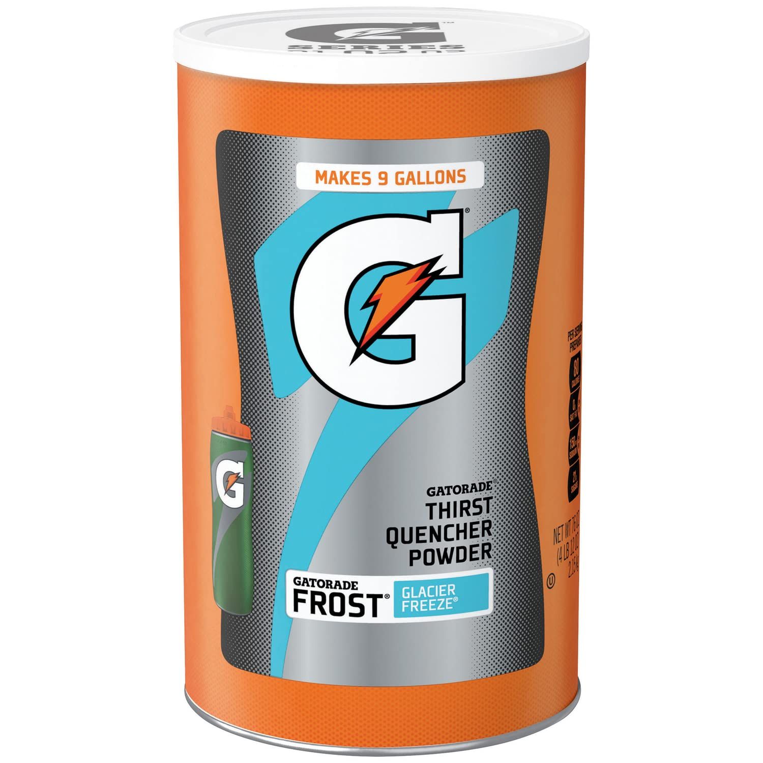 Shows the core product, a Gatorade powder canister, clearly displaying the brand, flavor, and yield to help shoppers understand what they are purchasing. Displays the actual retail packaging the…