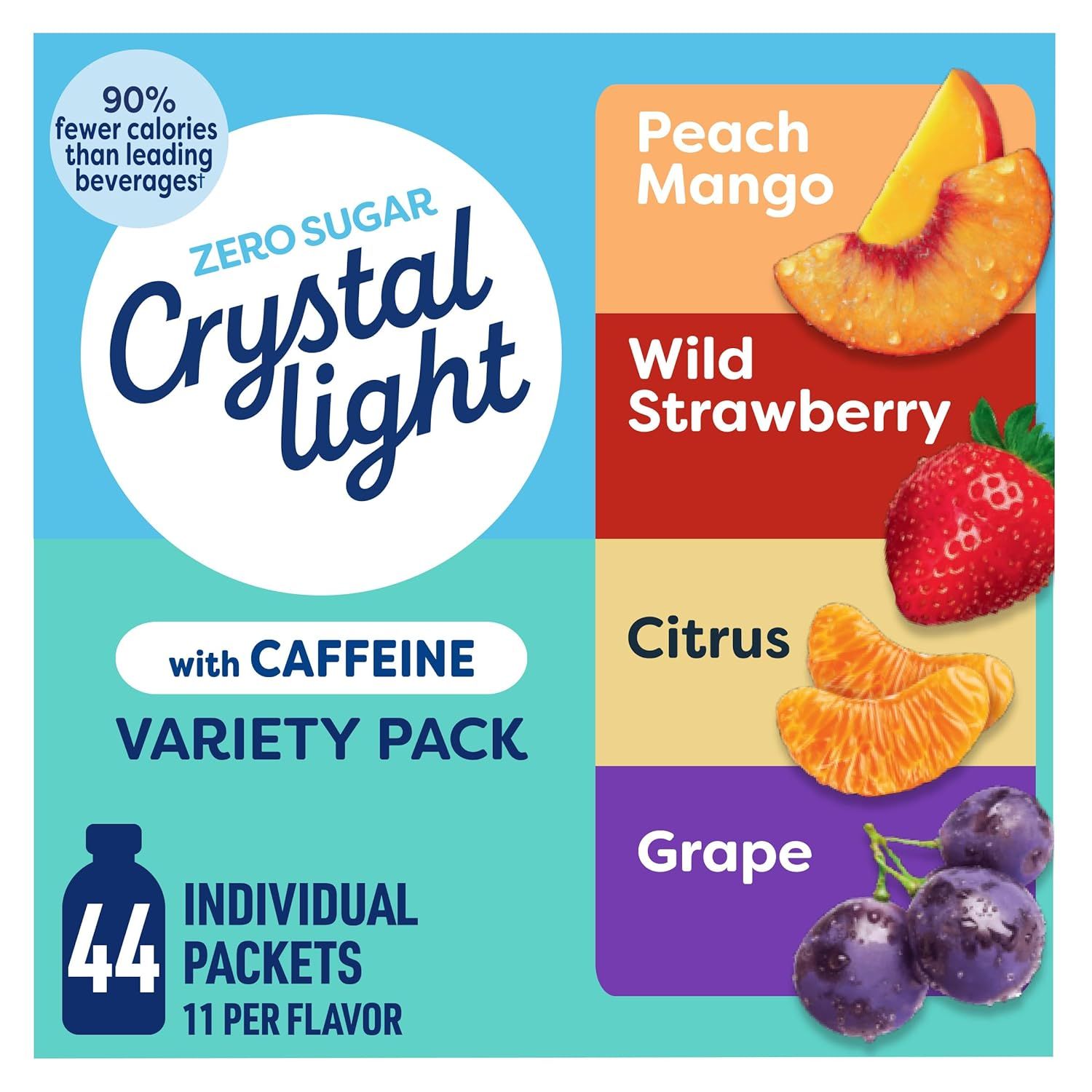 Shows the product is a variety pack with four distinct flavors (Peach Mango, Wild Strawberry, Citrus, Grape) to communicate flavor options and variety to the shopper. Displays the four selectable…