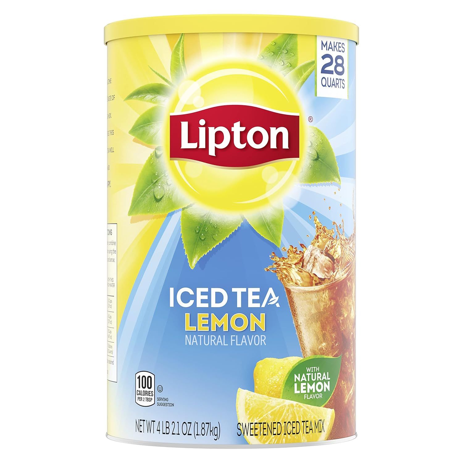 Displays the core product clearly so shoppers can identify the Lipton Iced Tea Lemon flavor mix and its packaging format. Uses visual embellishments like the sunburst rays, splashing iced tea, and…