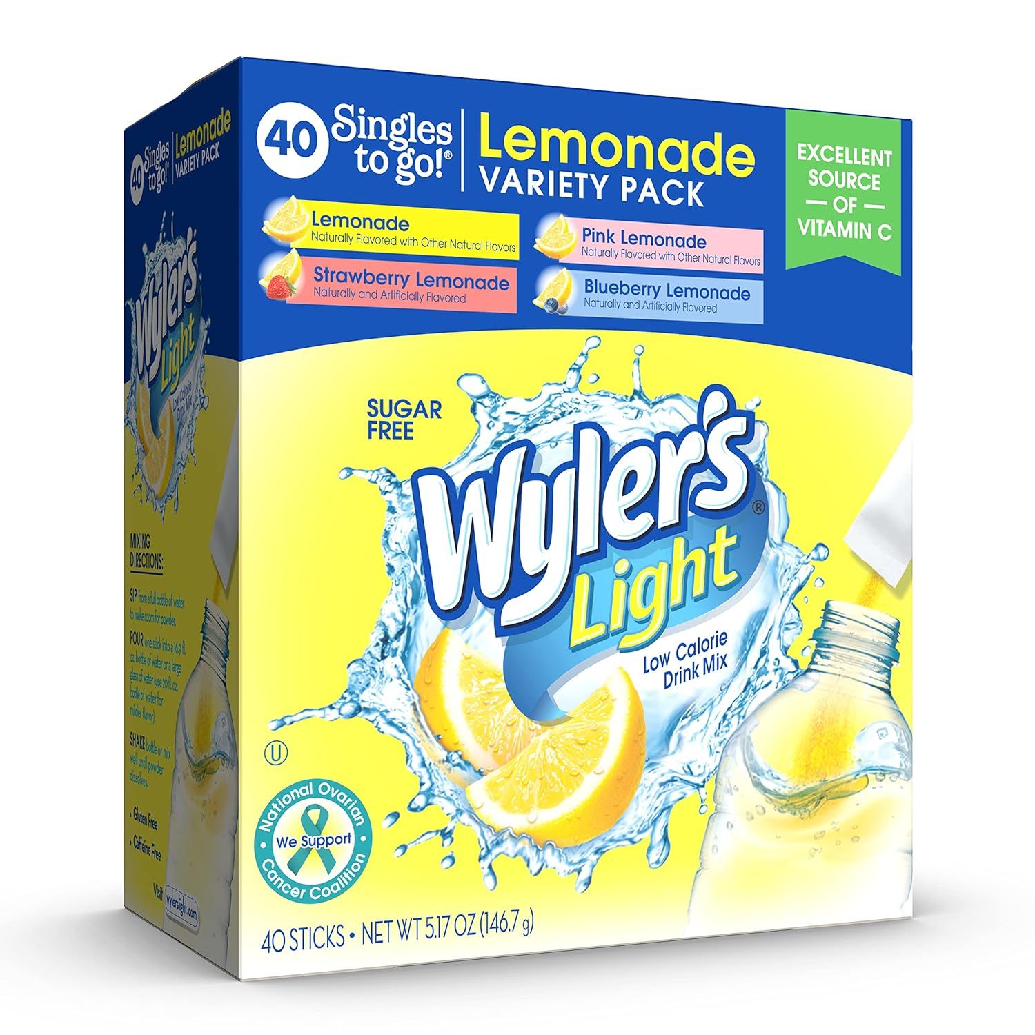 Displays the core product packaging to show shoppers exactly what they will receive—a 40-count variety pack of Wyler's Light lemonade drink mix singles in multiple flavors. Shows the retail…