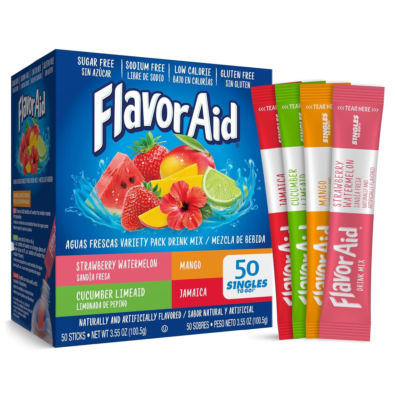 Shows the core product—a 50-count variety pack of FlavorAid drink mix singles in four flavors—clearly displayed with both the retail box and individual stick packets to communicate what the shopper…