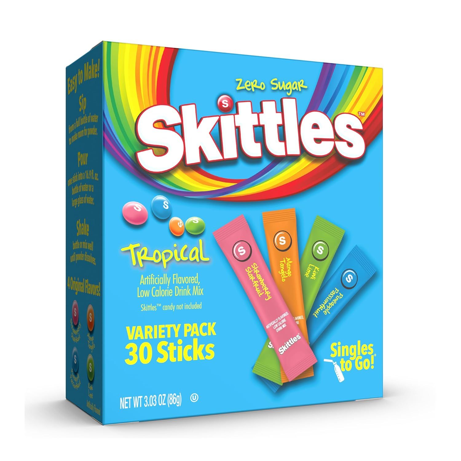 Shows the retail packaging to communicate the product format, quantity, and variety of flavors included, helping shoppers understand exactly what they will receive. Displays the different tropical…