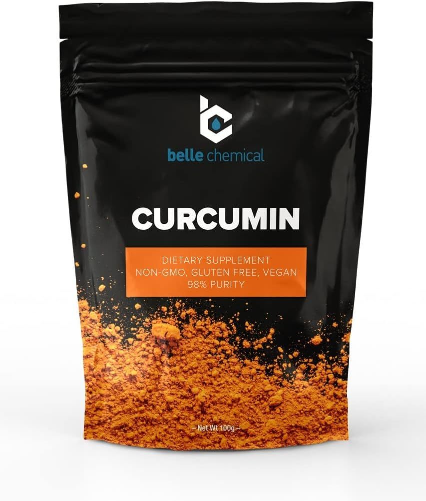 Displays the core product—a curcumin supplement pouch—with clear branding and key product attributes to inform shoppers about the supplement's purity and dietary certifications. Shows the retail…