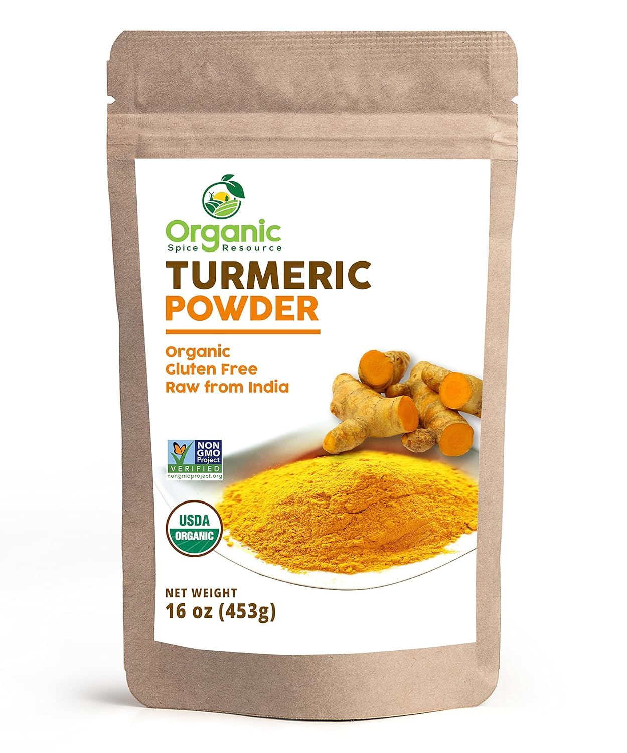 Displays the core sellable product—a 16 oz pouch of organic turmeric powder—with clear branding, certifications, and product details to inform the shopper of what they are purchasing. Shows the…