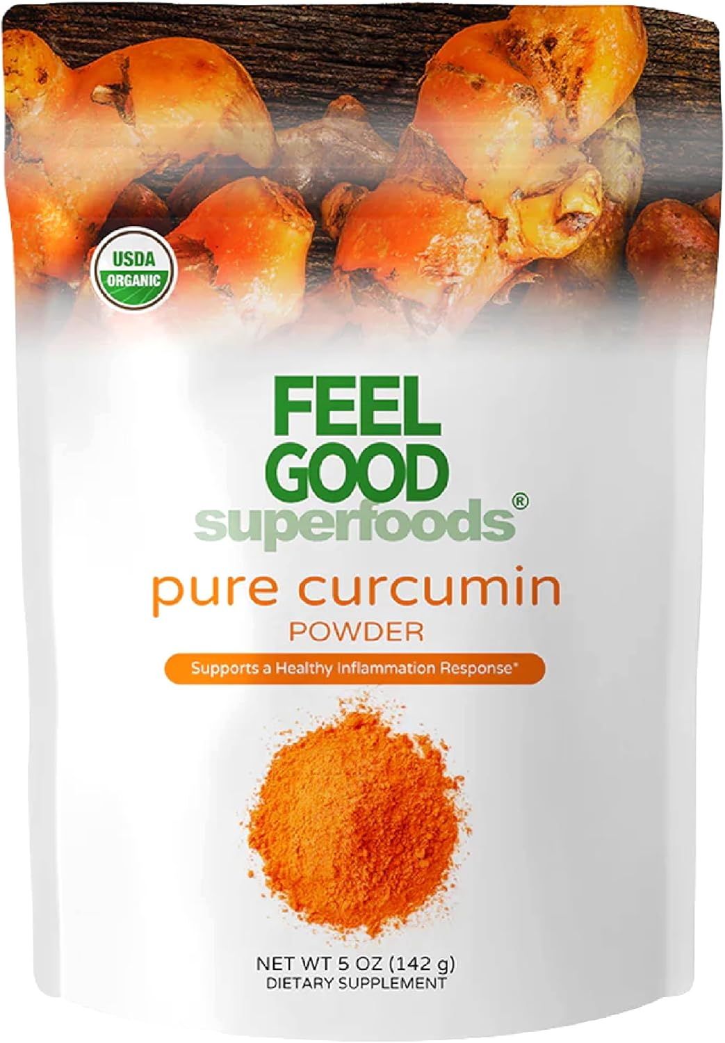 Displays the core product packaging clearly showing the curcumin powder supplement with organic certification and health benefit claim to communicate quality and wellness value to shoppers. Shows…