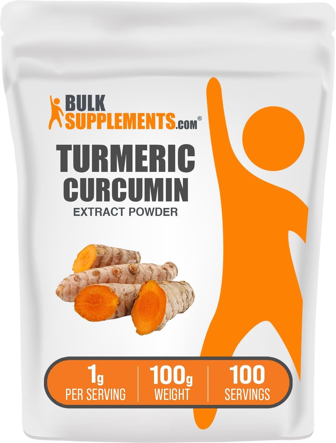 Displays the core sellable product, a turmeric curcumin extract powder in retail packaging, clearly showing the brand, product name, and key serving information to help shoppers identify and…