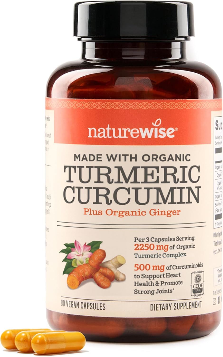 Shows the core product—a turmeric curcumin supplement bottle with clear labeling—to communicate the brand, ingredients, and dosage information. The capsules at the bottom reinforce what's inside the…