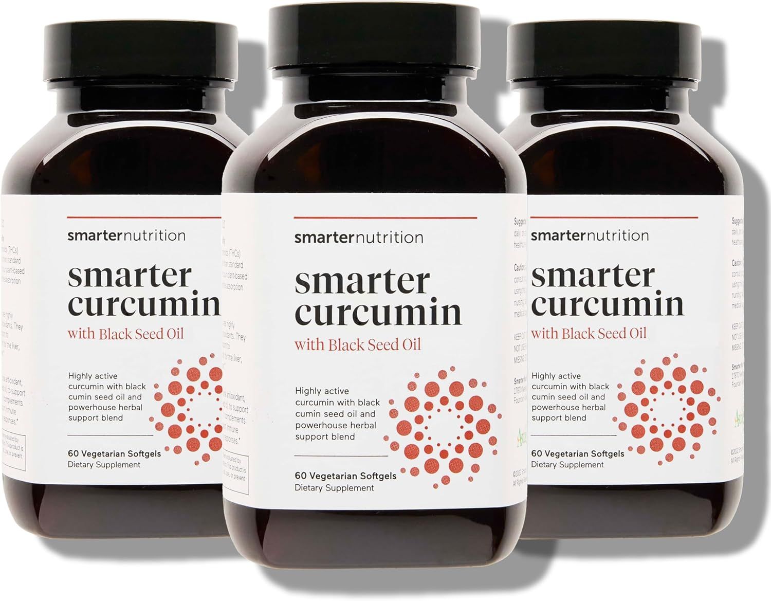Displays three identical bottles of the curcumin supplement to show the product clearly and communicate that this is a multi-bottle purchase option. Uses drop shadows beneath each bottle to create…