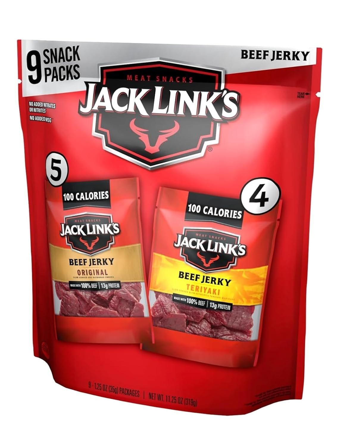 Shows the core product packaging containing 9 individual snack packs of beef jerky in two flavors, clearly displaying the brand and product type. Displays the retail packaging with a clear window…