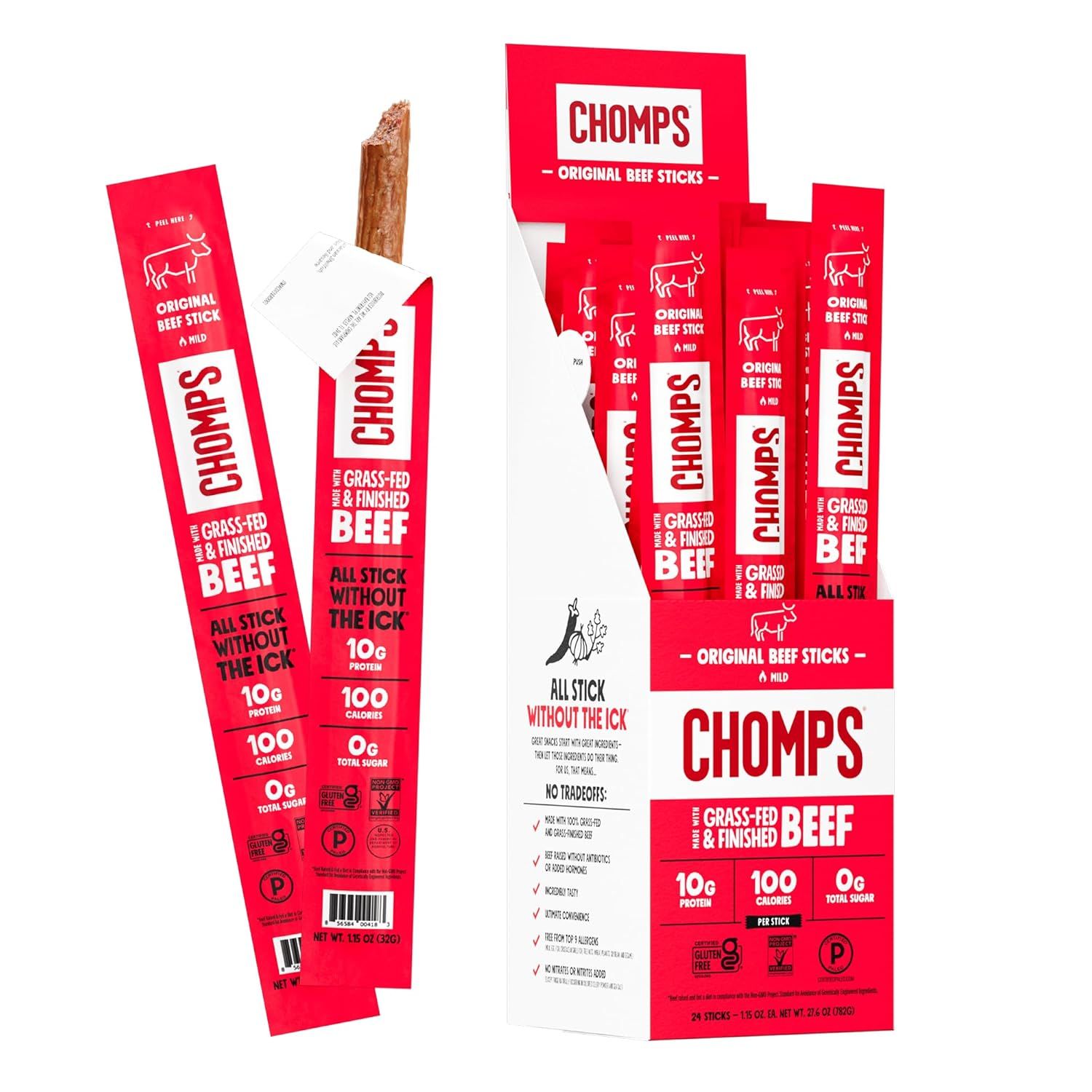 Shows the core product (beef sticks) both individually and in the retail box to communicate what the shopper will receive, including the multi-stick format and packaging. Displays the branded retail…