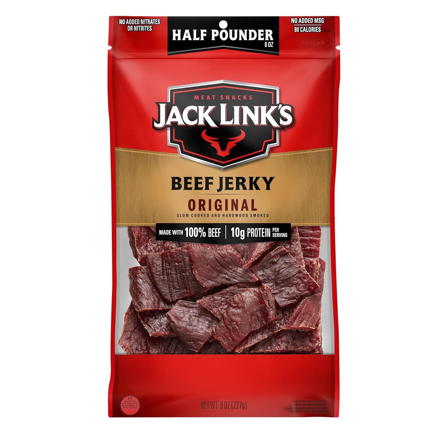 Shows the core sellable product—a package of Jack Links beef jerky—with a clear window displaying the actual jerky pieces inside, helping shoppers understand exactly what they are purchasing.…