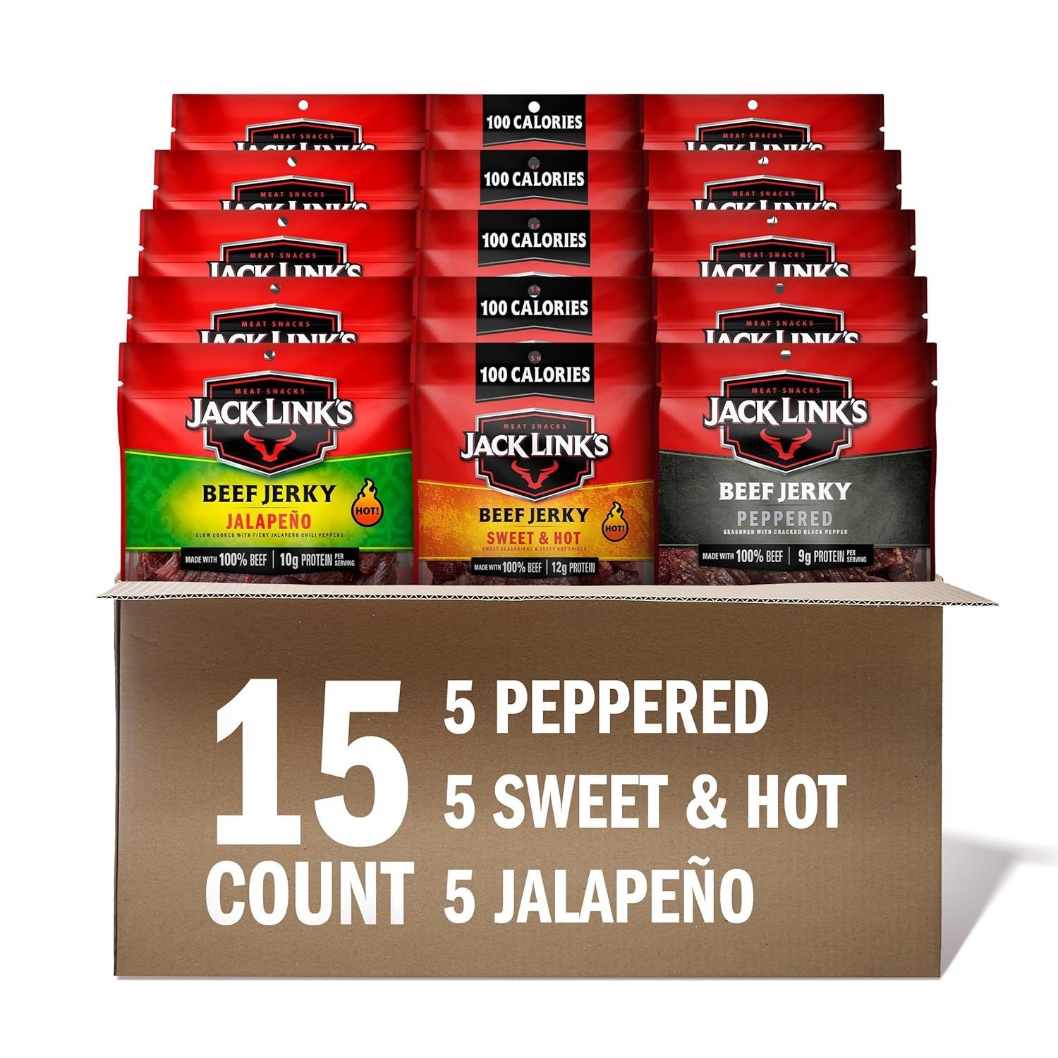 Shows the core product as a 15-count variety pack of Jack Link's beef jerky in three flavors (Peppered, Sweet & Hot, Jalapeño), communicating the quantity, variety, and key nutritional benefits (100…