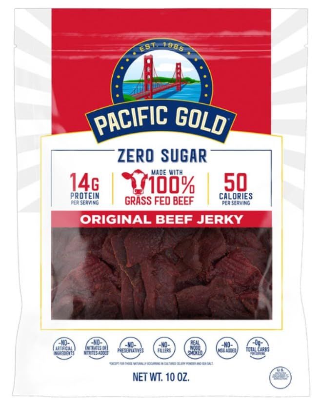 Displays the core product packaging with clear visibility of the beef jerky inside and key nutritional benefits (zero sugar, high protein, grass-fed beef, low calories) to communicate…