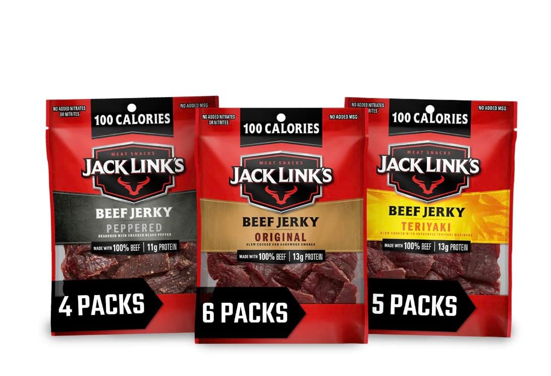 Shows shoppers the different flavor varieties (Peppered, Original, Teriyaki) and pack size options (4, 6, 5 packs) available for selection, helping them choose their preferred option. Displays the…