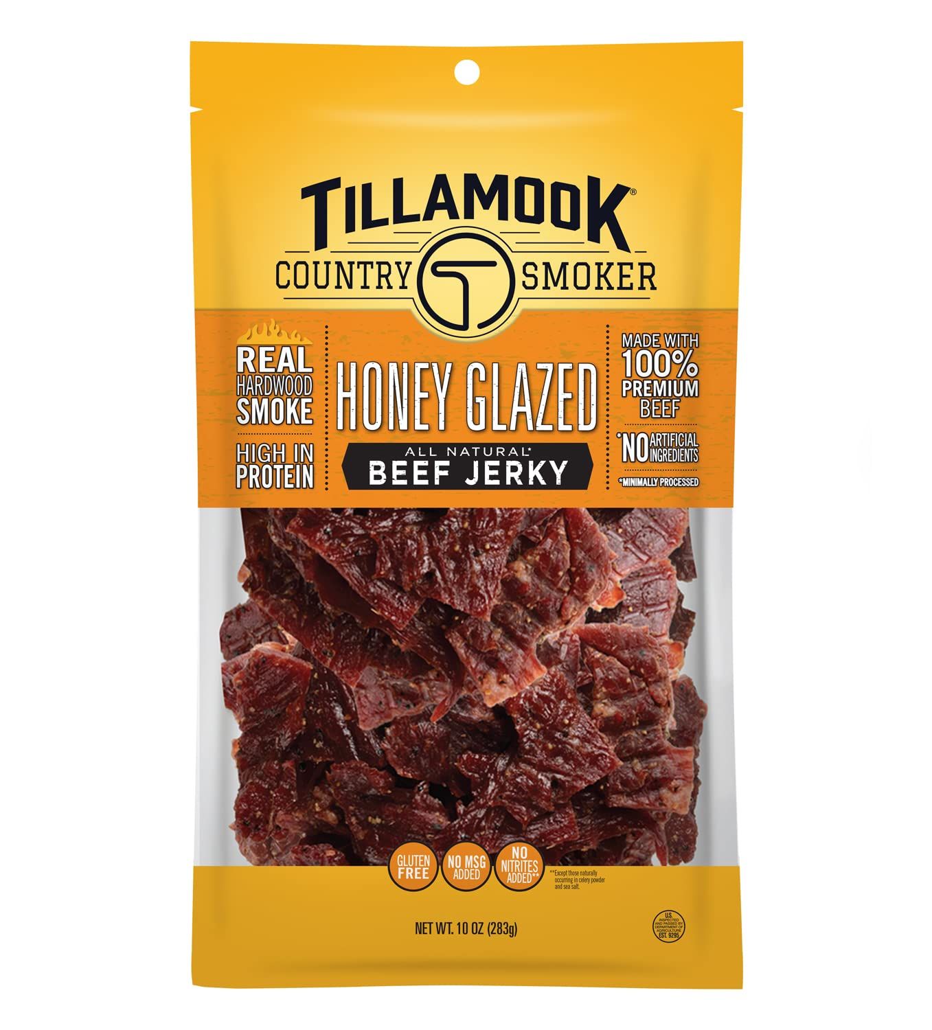 Displays the packaged beef jerky product clearly so shoppers can see the brand, flavor, and product contents through the transparent window, communicating what they will receive. Shows the actual…