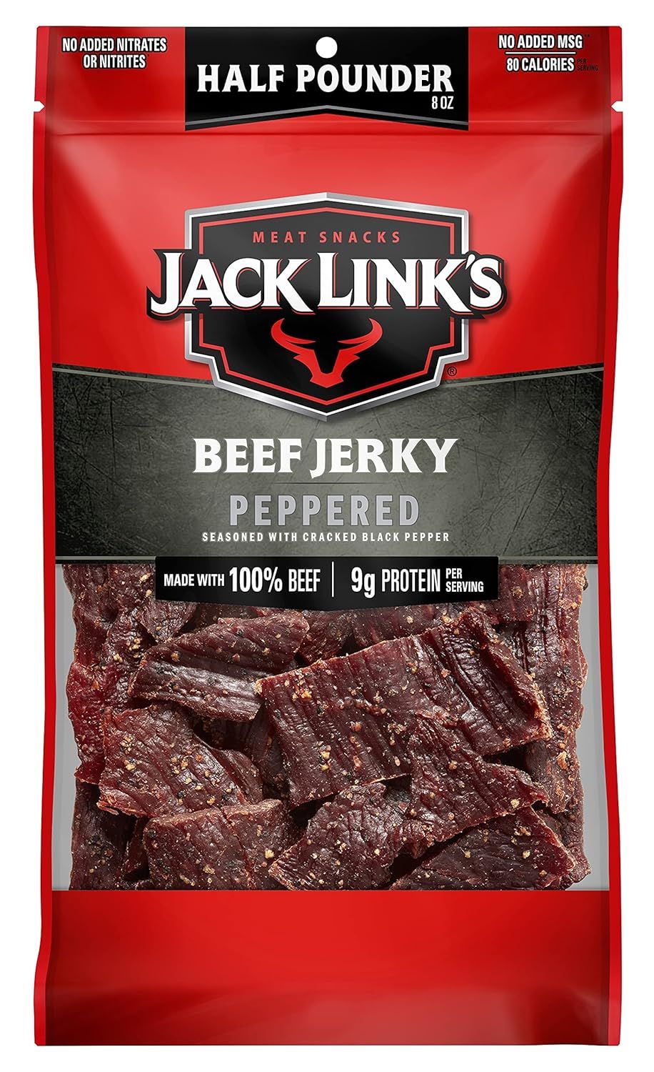Displays the Jack Link's beef jerky product in its retail packaging with a clear window showing the actual jerky pieces, communicating the flavor variant, protein content, and quality ingredients to…