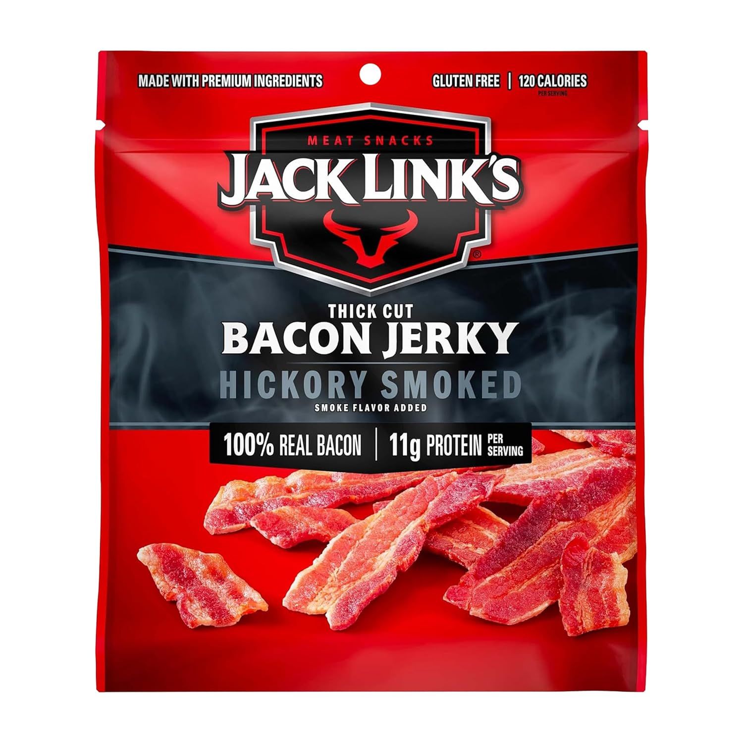 Displays the core product packaging clearly to show shoppers exactly what they will receive, emphasizing the bacon jerky variety and flavor profile. Shows the actual retail packaging the buyer will…
