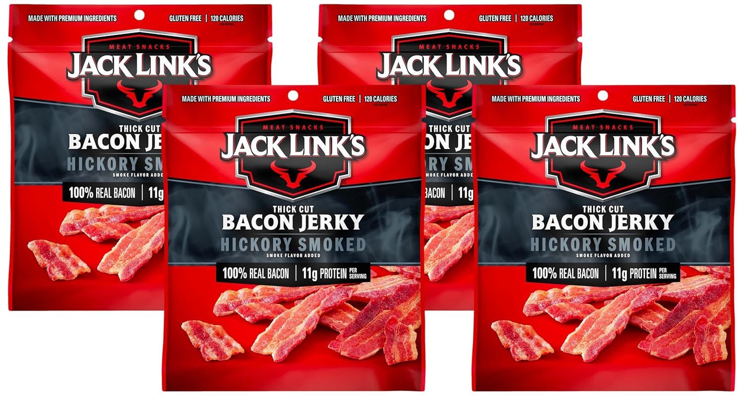 Shows multiple packages of the same bacon jerky product to communicate availability and potentially bulk purchase options. Displays the retail packaging prominently with visible product through the…