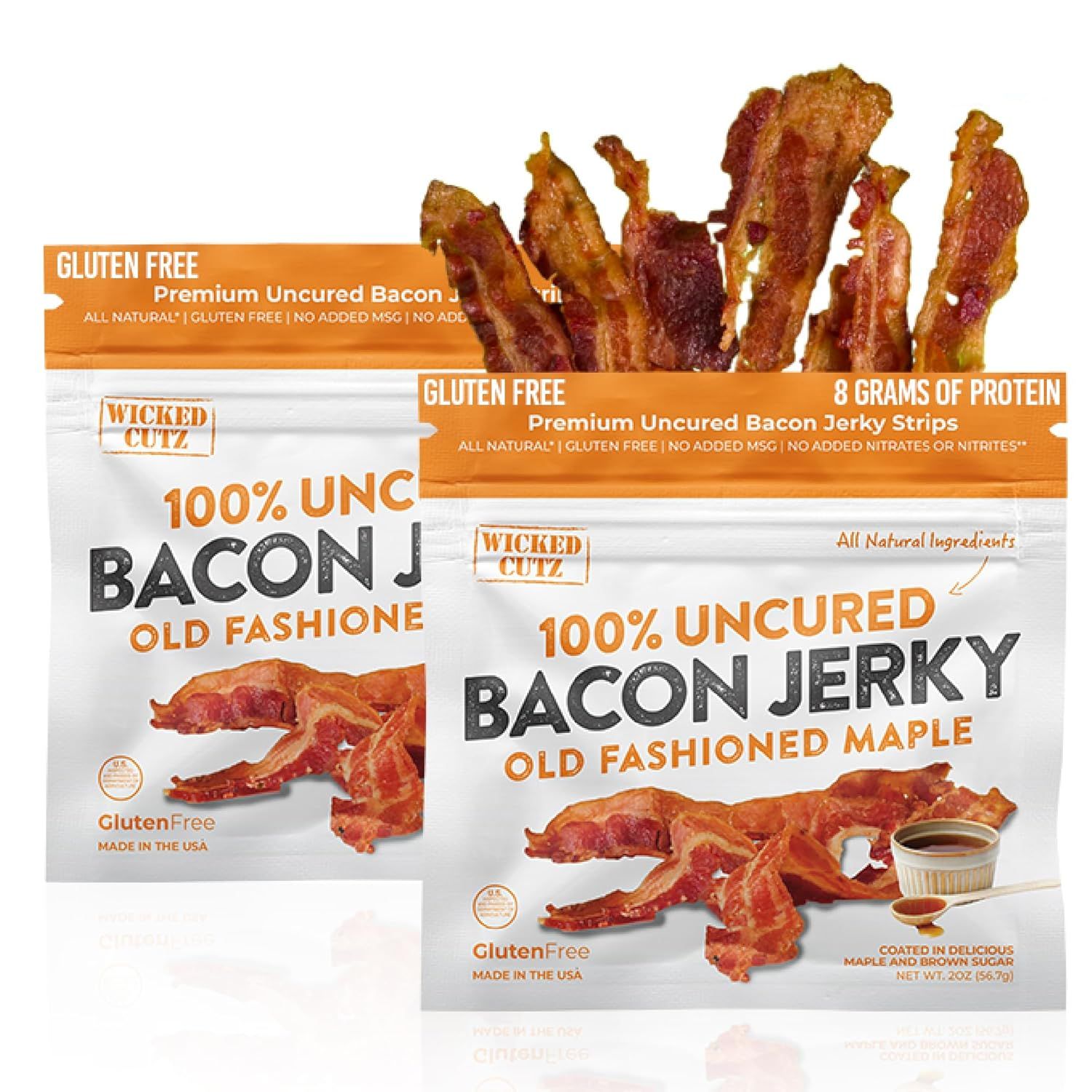 Displays the core sellable bacon jerky products in their retail packaging to show shoppers exactly what they will receive, emphasizing the gluten-free and all-natural qualities. Shows the actual…