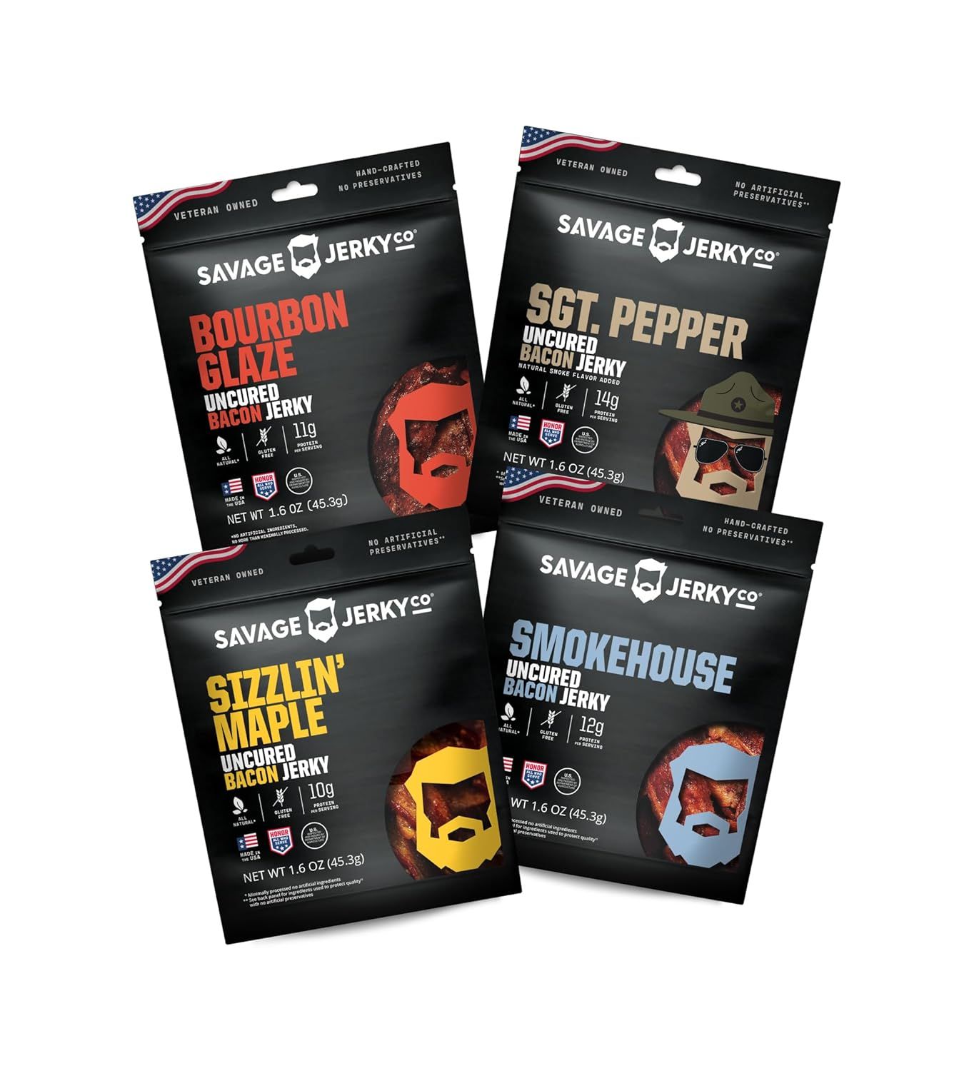 Shows four different flavor variants of the bacon jerky to communicate the variety of choices available to shoppers. Displays the actual retail pouches that buyers will receive, showing the branded…