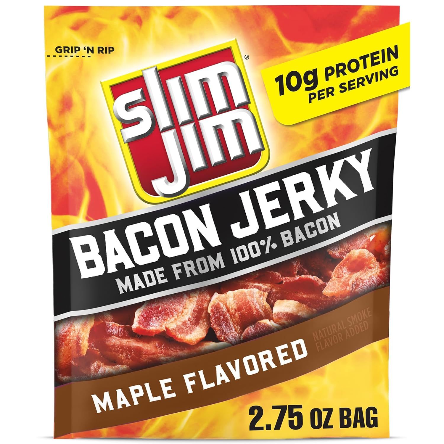 Shows the retail packaging to help shoppers identify the product on shelf and understand the resealable grip-and-rip opening feature. Uses a vibrant flame gradient background to create visual energy…