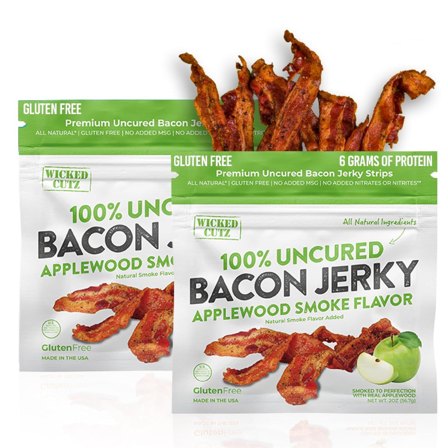 Displays the core product packages and actual bacon jerky strips to show shoppers exactly what they will receive, emphasizing the natural, gluten-free, high-protein snack. Shows the retail packaging…