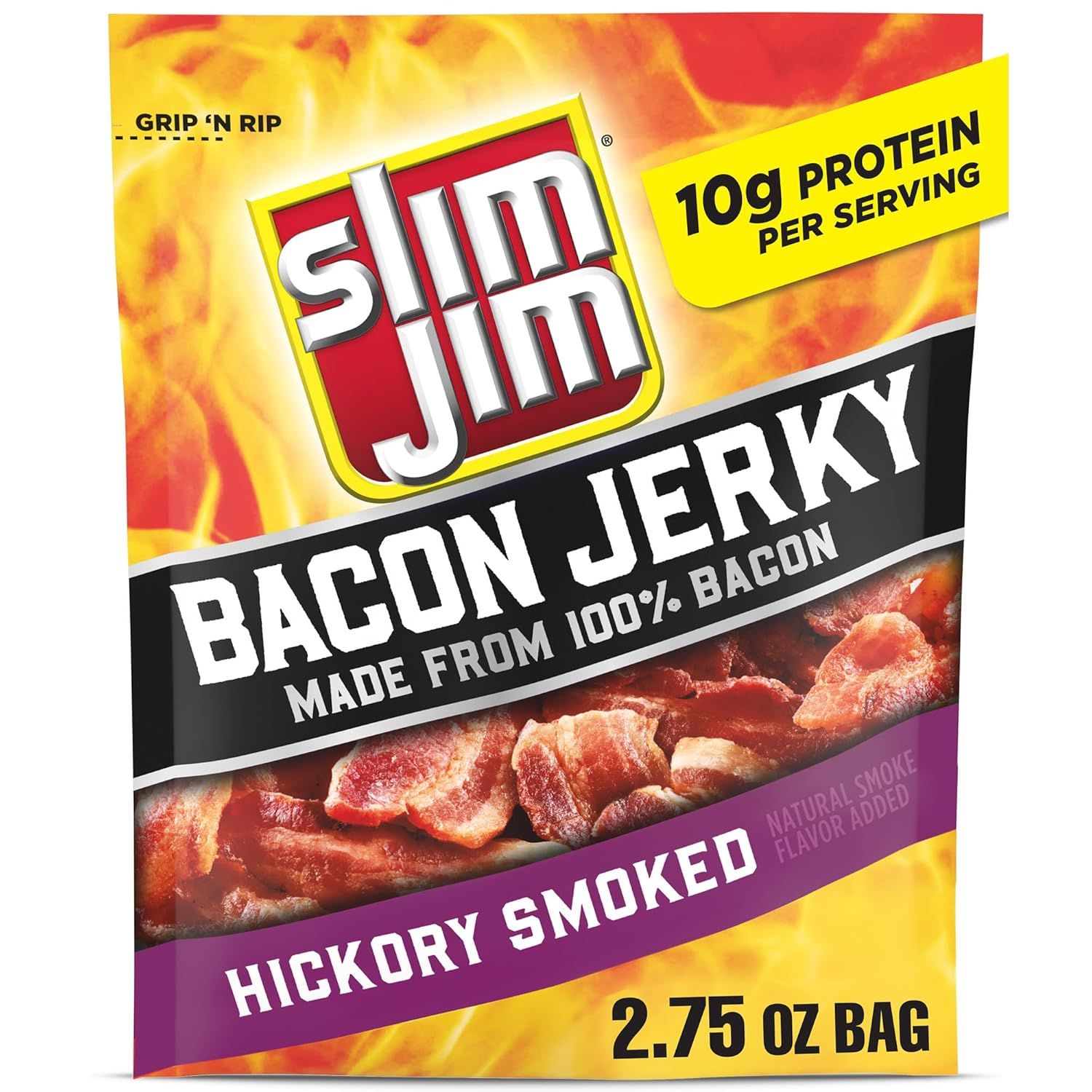Shows the retail packaging of the Slim Jim bacon jerky product, communicating the flavor, protein content, and convenient resealable grip-and-rip feature to help shoppers identify and understand…