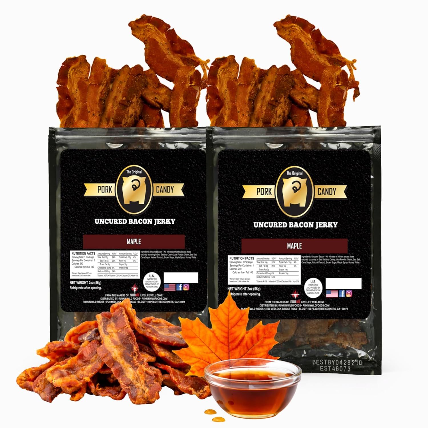 Displays the core product (two packages of maple-flavored uncured bacon jerky) with the actual product shown both in packaging and out of package to communicate what the buyer receives. Uses visual…