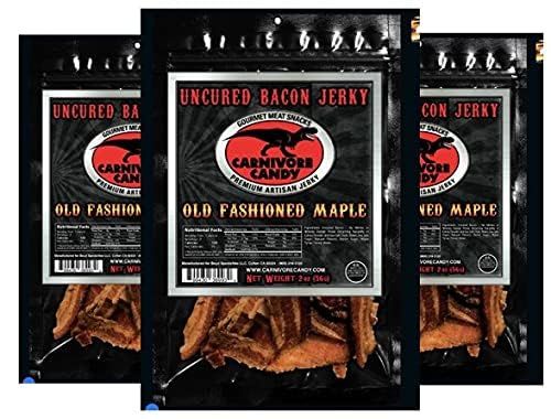 Shows three packages of bacon jerky to communicate the multi-pack offering and allow shoppers to see the product packaging and contents clearly. Displays the retail packaging with clear branding and…