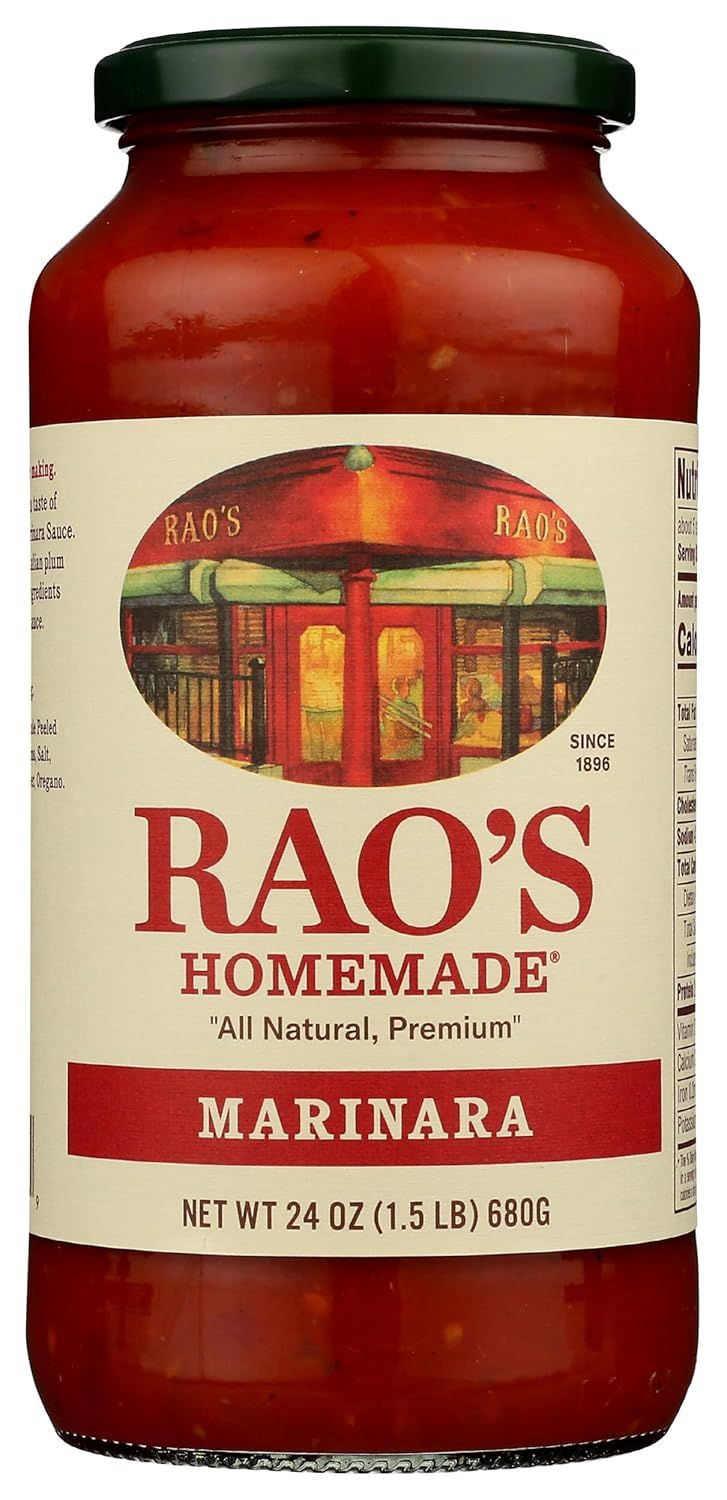 Shows the core sellable product - a jar of Rao's Homemade Marinara sauce - clearly displaying the brand, product type, and contents through the transparent glass jar on a clean white background.…
