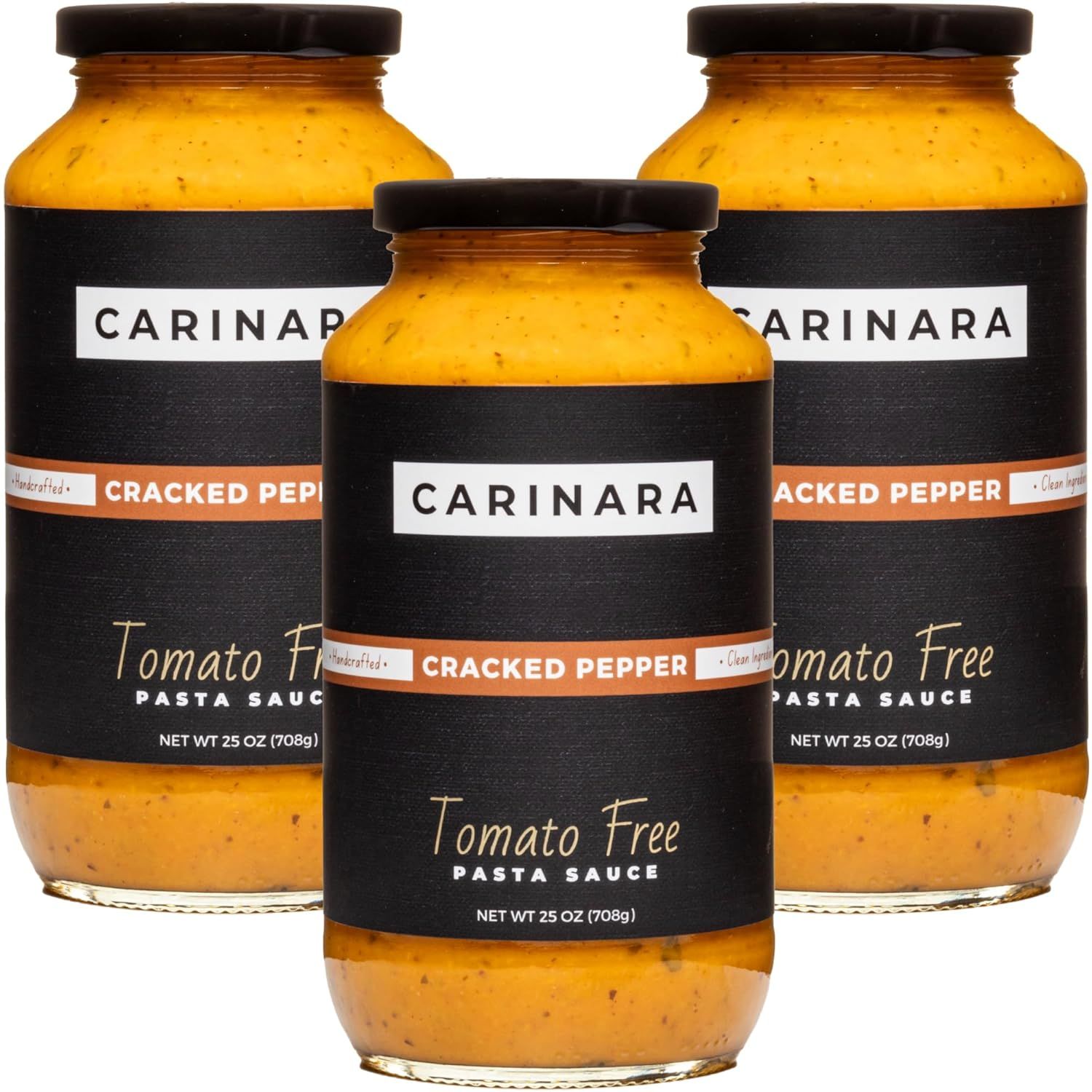 Shows the core product in a 3-pack configuration on a clean white background, allowing shoppers to clearly see the CARINARA brand, cracked pepper flavor, and tomato-free positioning. Displays the…