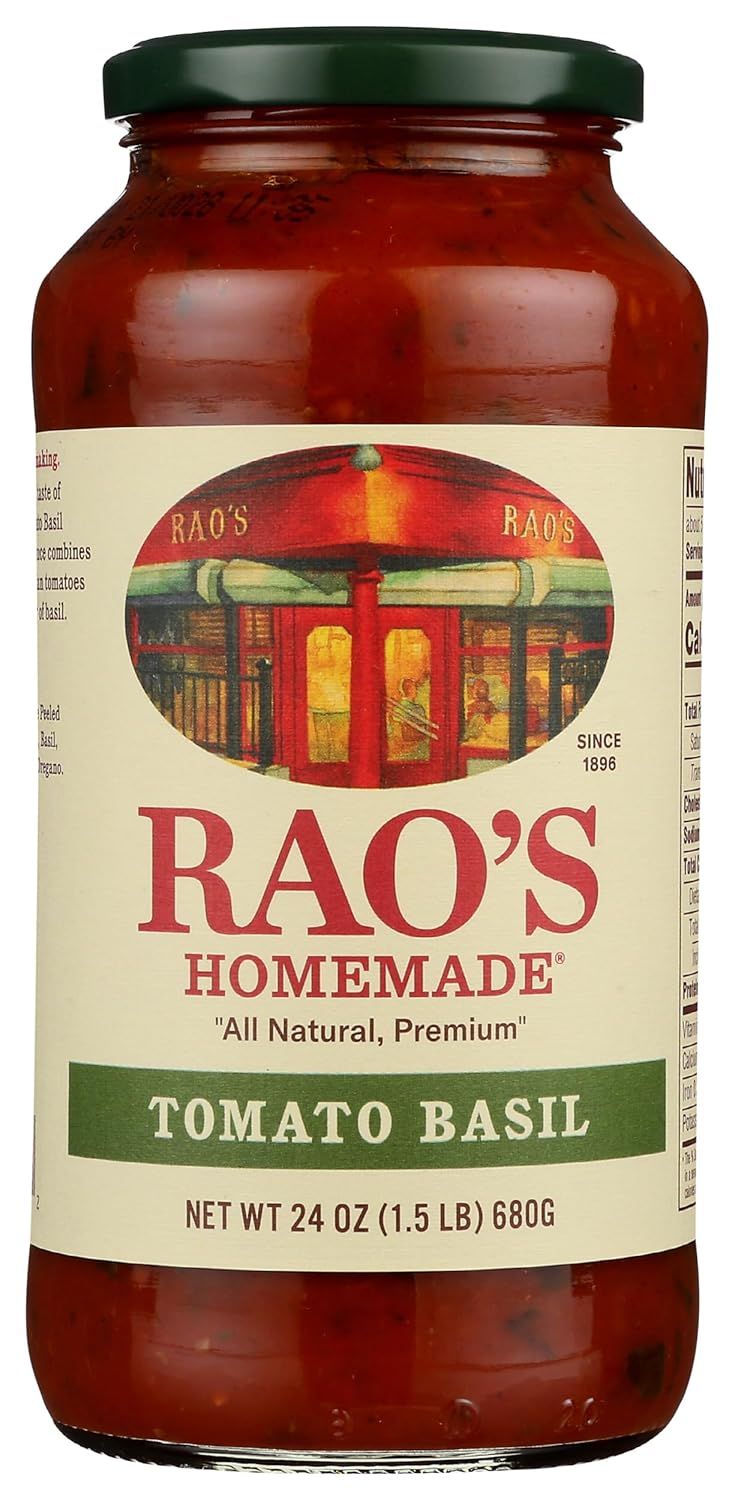 Shows the core sellable product—a jar of Rao's Tomato Basil pasta sauce—in a clean, catalog-style presentation that allows shoppers to see the product label, branding, and contents clearly.
