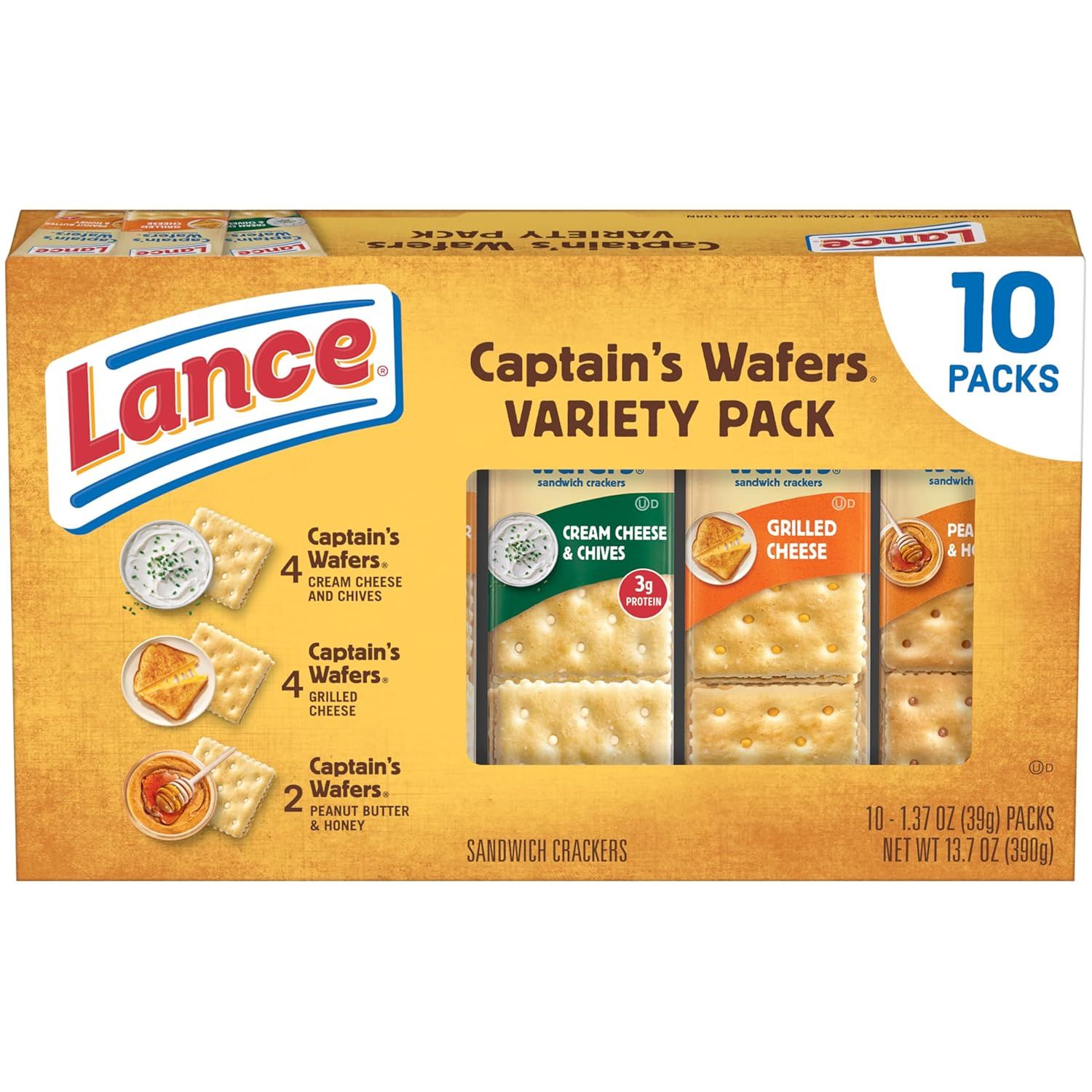 Shows the complete variety pack of Captain's Wafers sandwich crackers in three flavors, communicating the product assortment and multi-pack convenience to shoppers. Displays the retail box packaging…