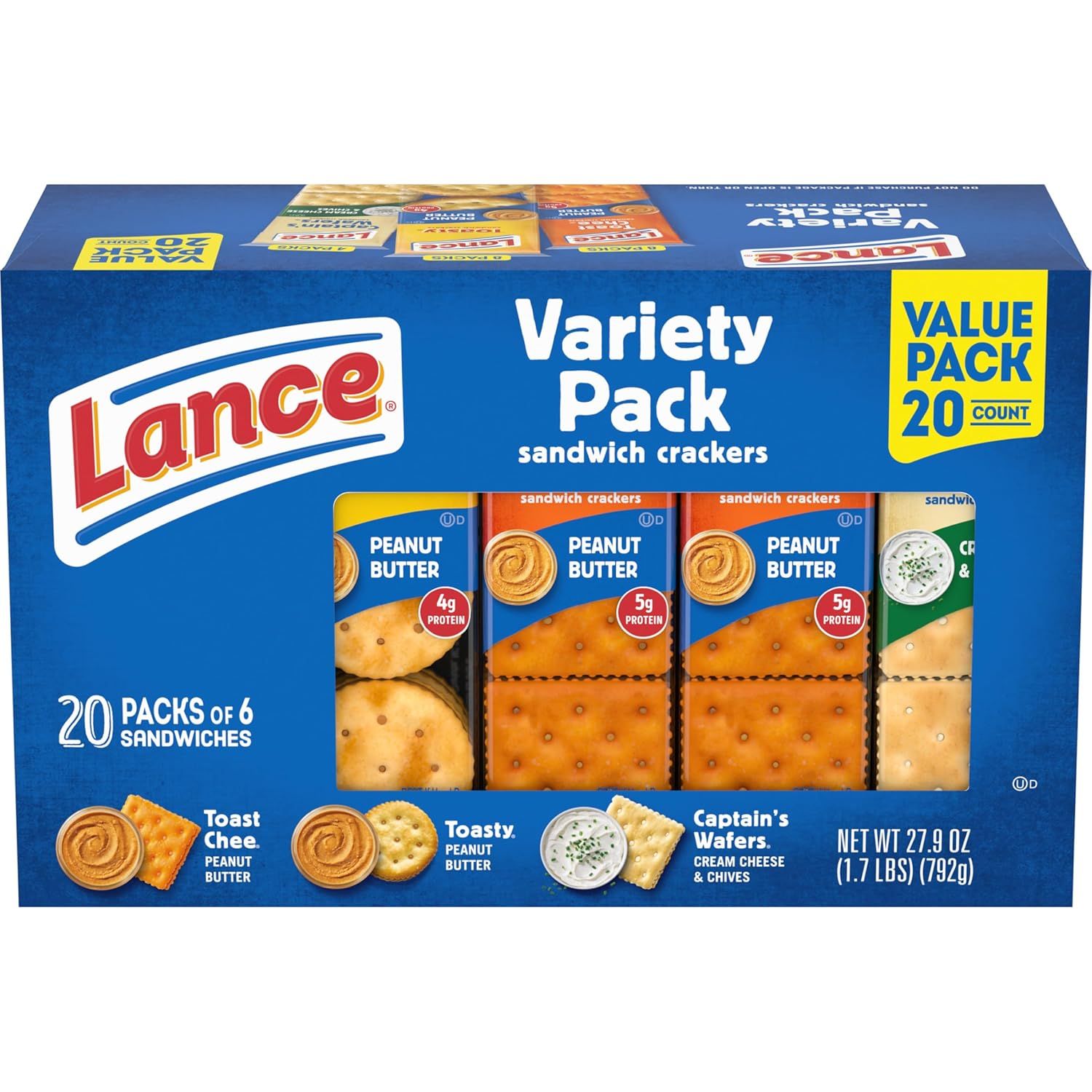 Shows the Lance sandwich crackers variety pack with multiple flavor options to communicate the product assortment and value to shoppers. Displays the different flavor varieties included in the…