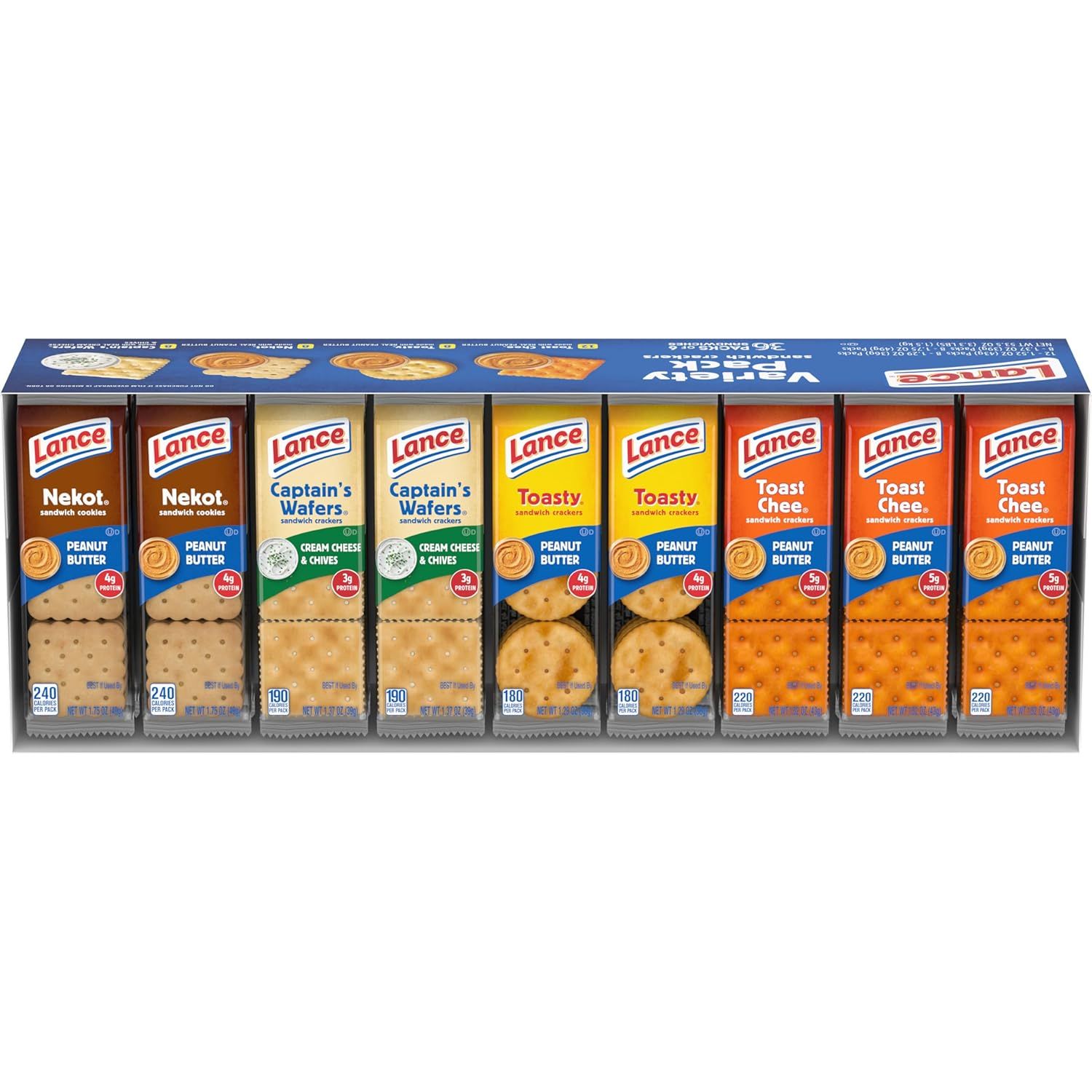Shows the complete variety pack of Lance sandwich crackers with peanut butter in multiple flavors, allowing shoppers to see all included options in one purchase. Displays the retail box packaging…
